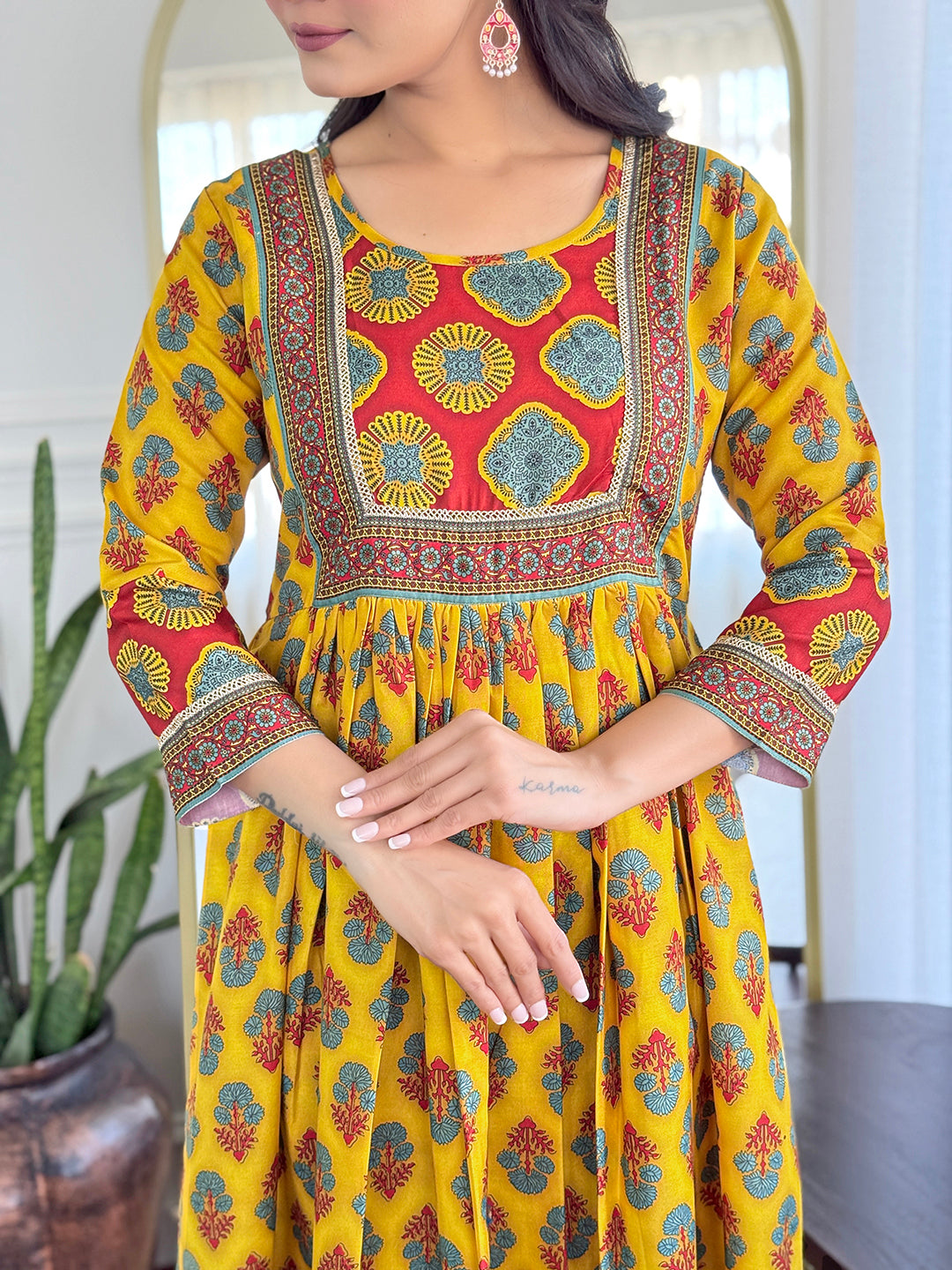 Women’s Yellow Rayon Printed Flared Kurta Set with Pant & Linen Printed Dupatta