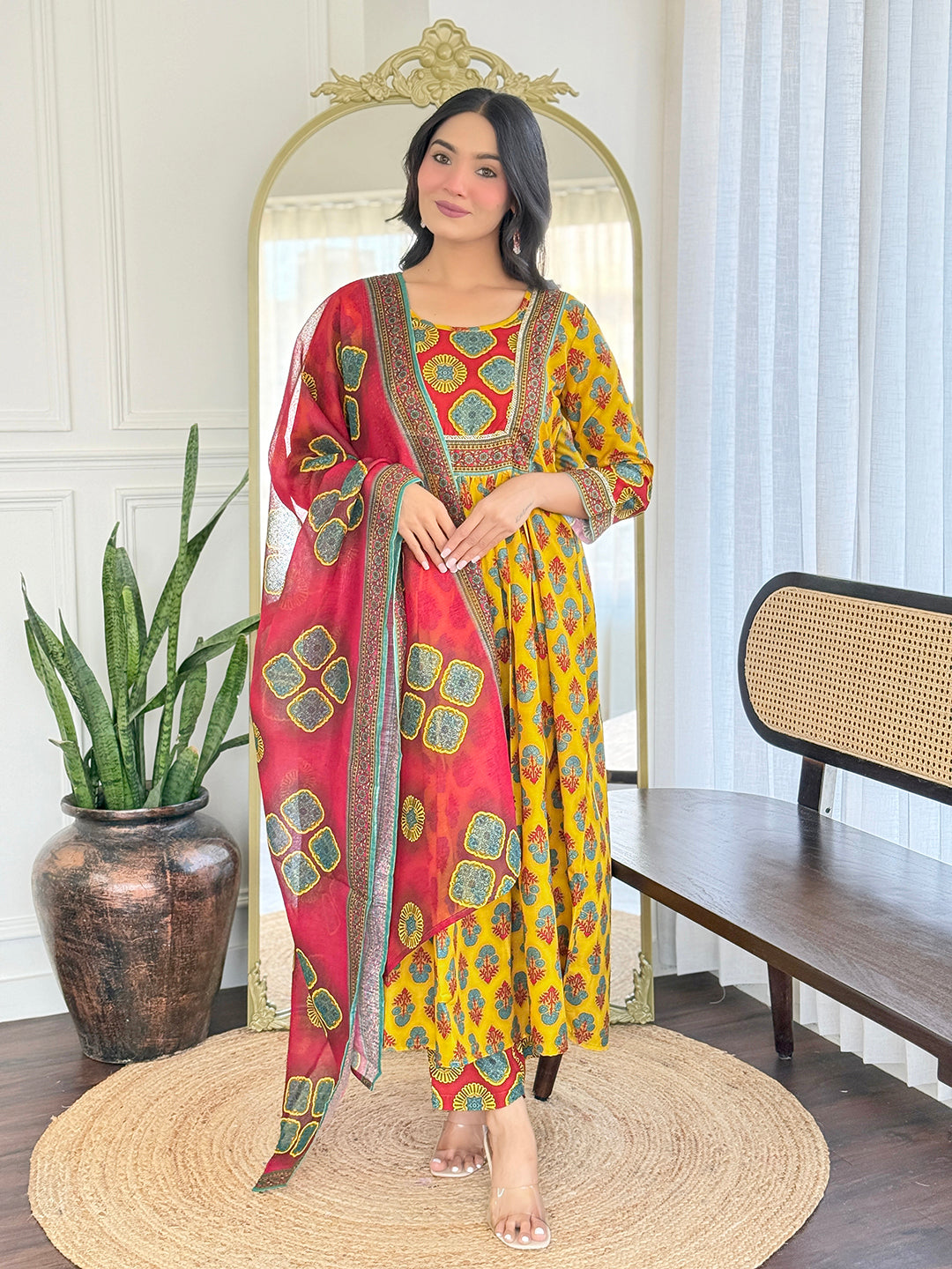 Women’s Yellow Rayon Printed Flared Kurta Set with Pant & Linen Printed Dupatta