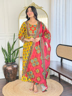 Women’s Yellow Rayon Printed Flared Kurta Set with Pant & Linen Printed Dupatta