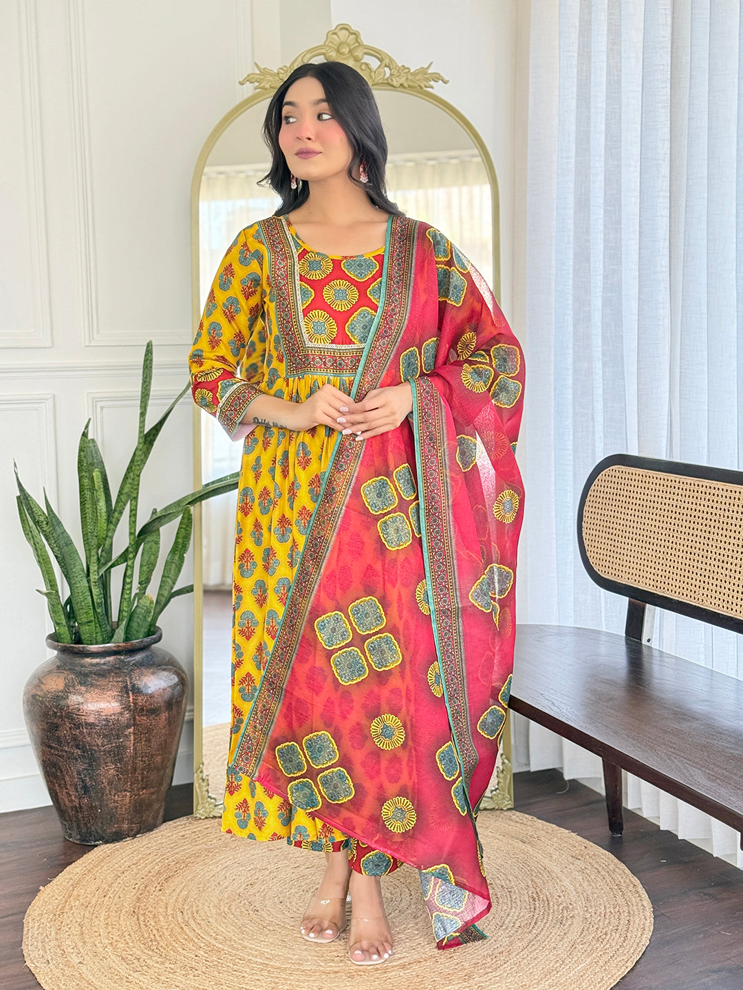 Women’s Yellow Rayon Printed Flared Kurta Set with Pant & Linen Printed Dupatta