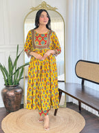 Women’s Yellow Rayon Printed Flared Kurta Set with Pant & Linen Printed Dupatta