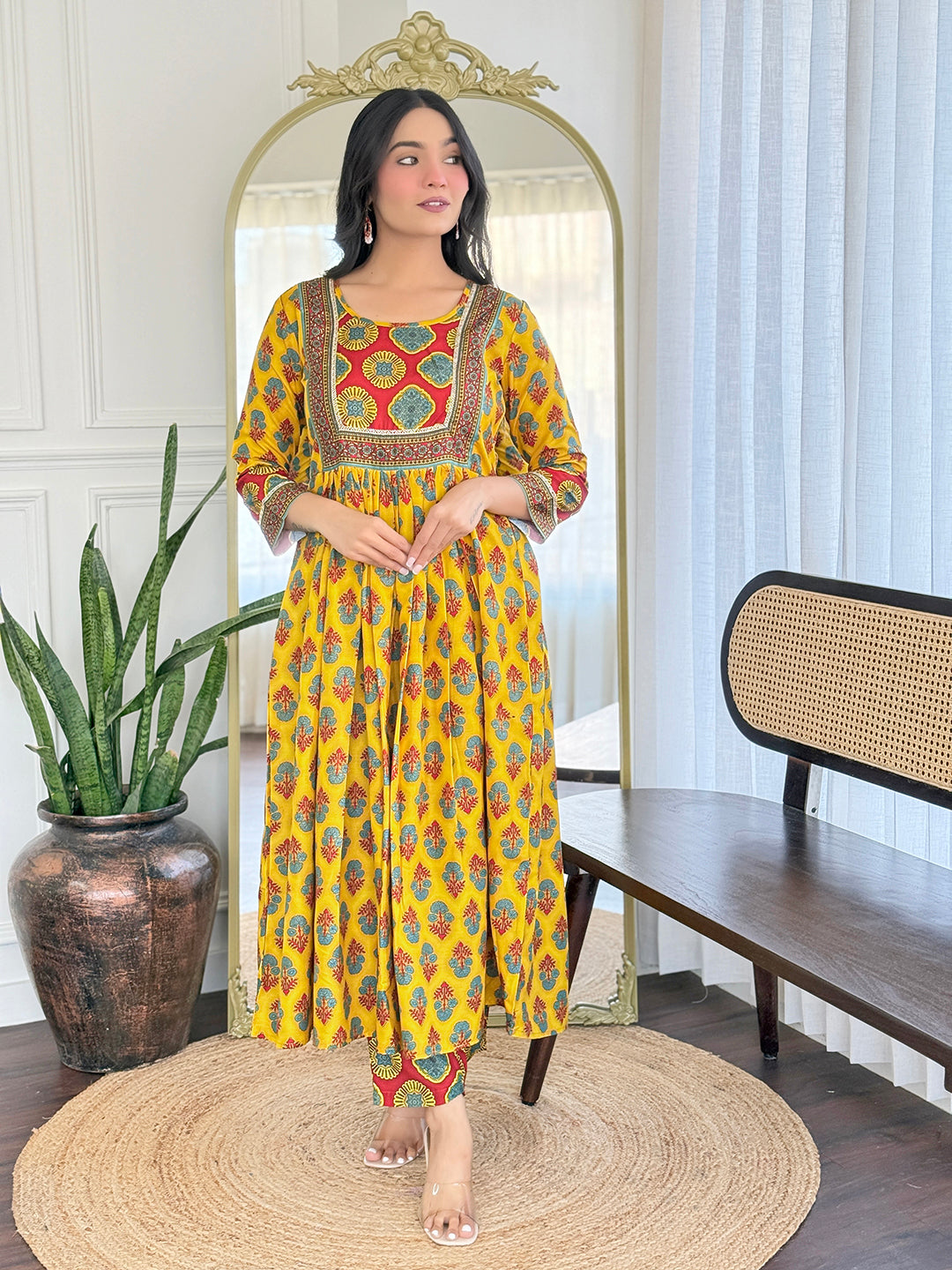 Women’s Yellow Rayon Printed Flared Kurta Set with Pant & Linen Printed Dupatta