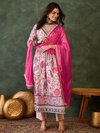 Cream Floral Printed Kurta Set with Pink Dupatta