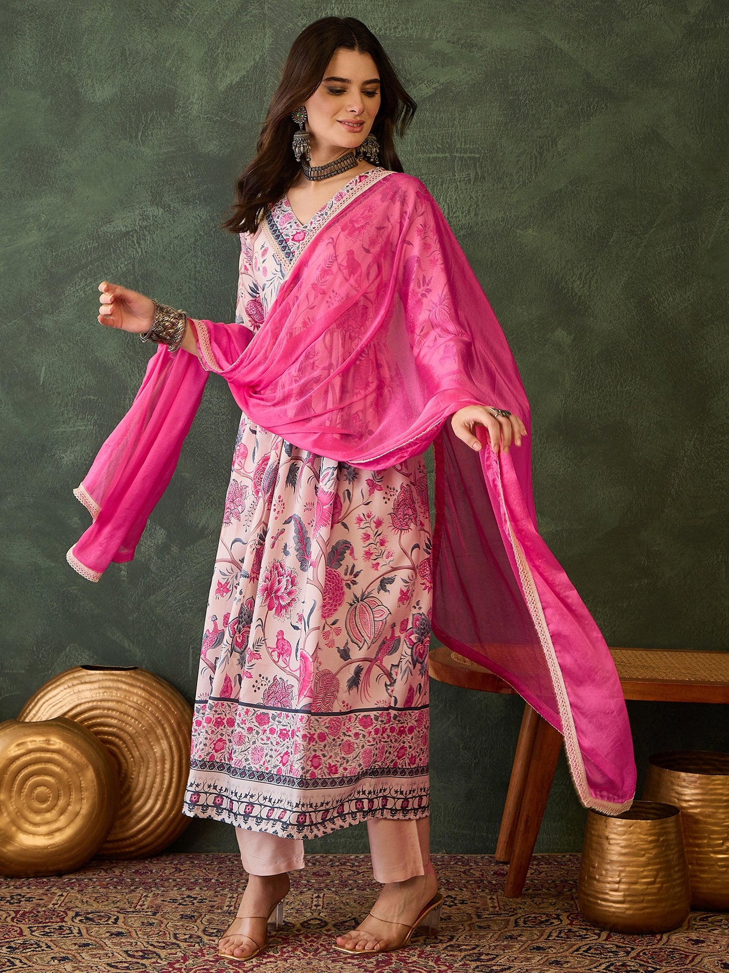 Cream Floral Printed Kurta Set with Pink Dupatta