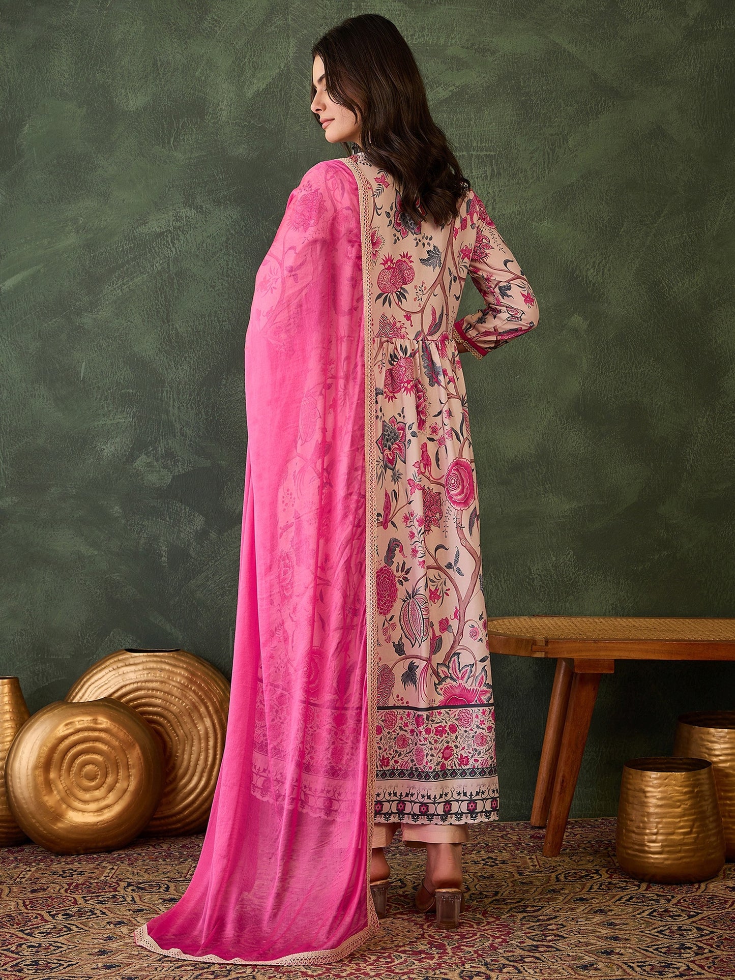 Cream Floral Printed Kurta Set with Pink Dupatta