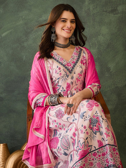 Cream Floral Printed Kurta Set with Pink Dupatta