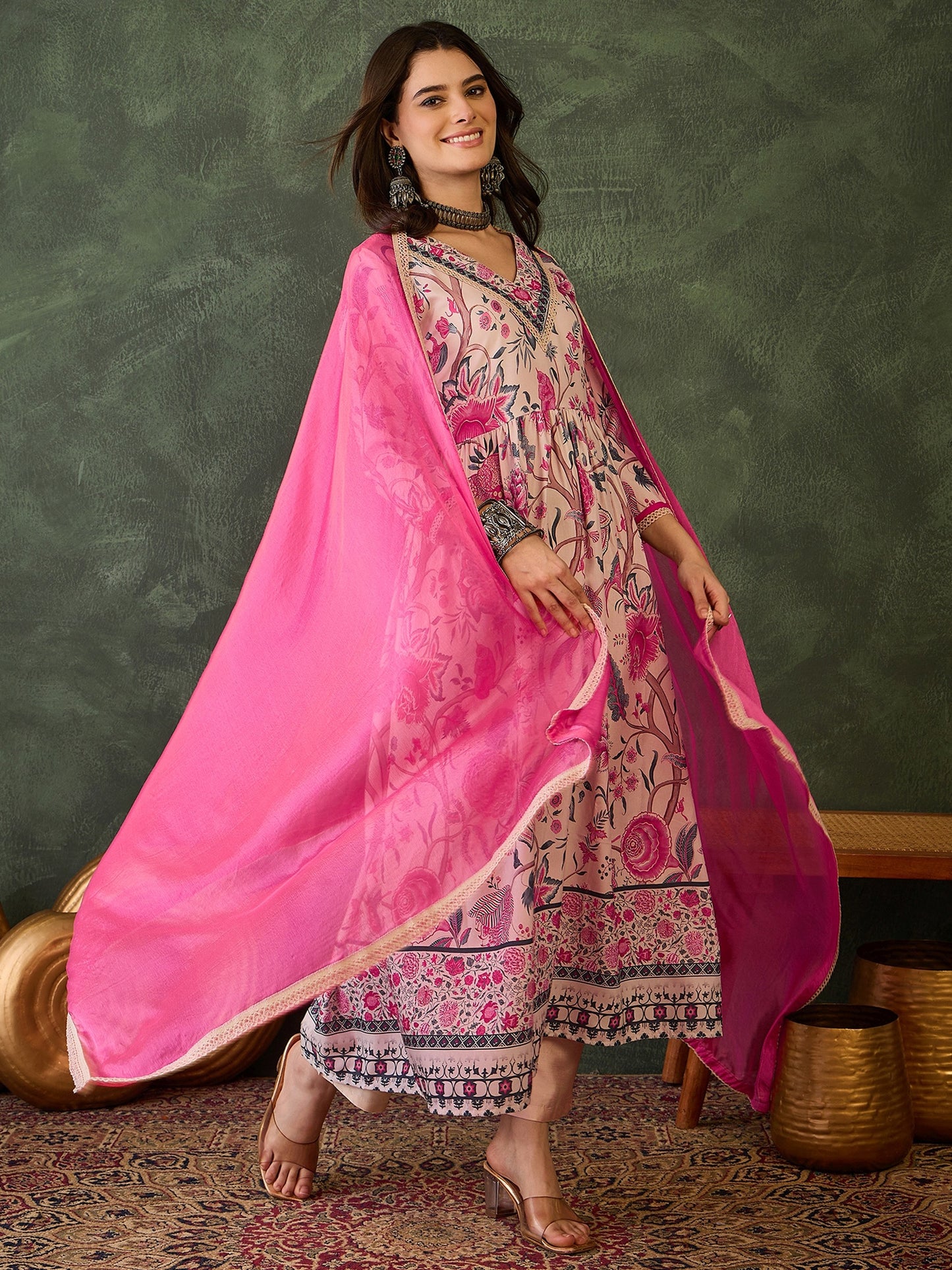 Cream Floral Printed Kurta Set with Pink Dupatta