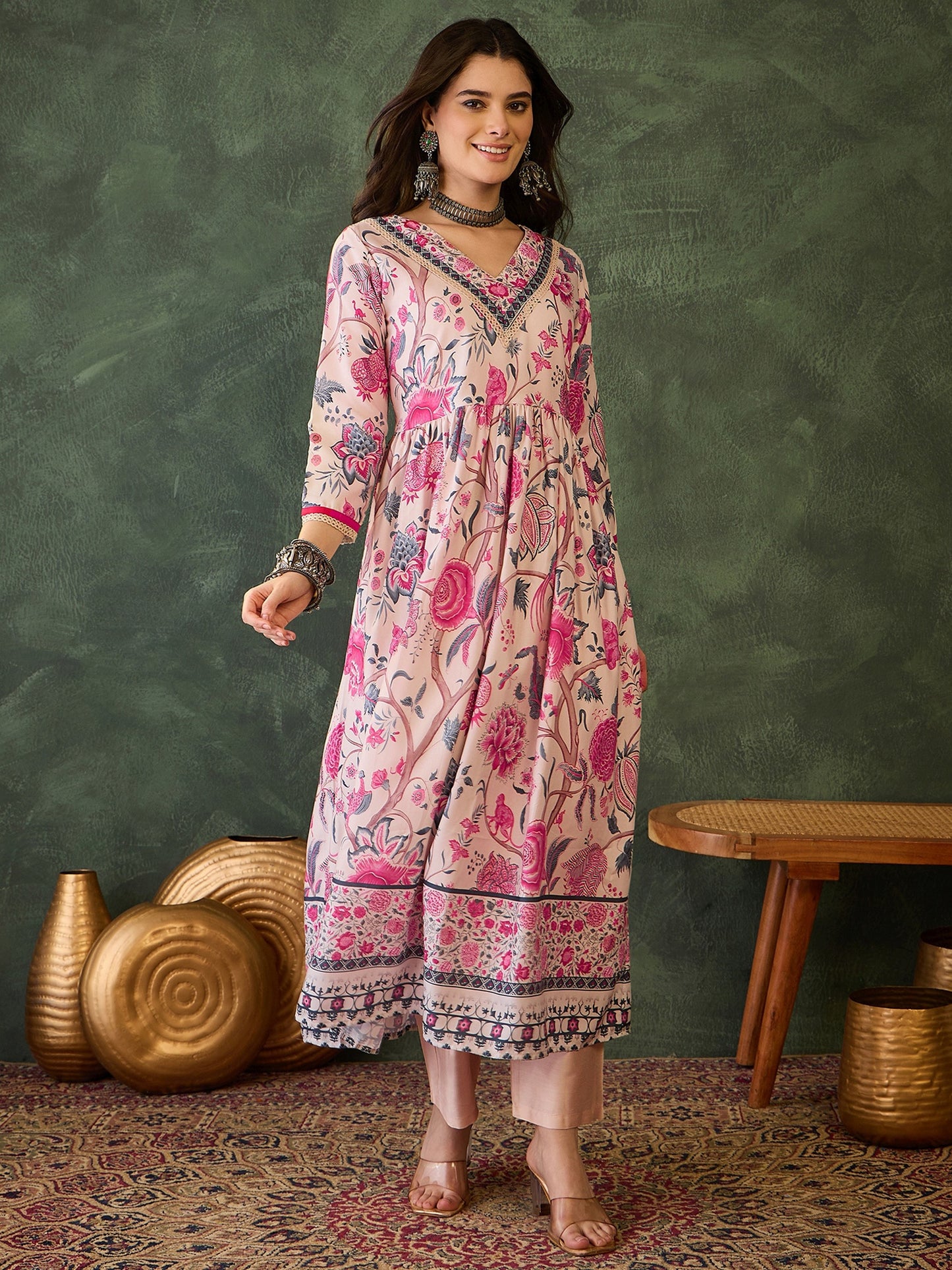 Cream Floral Printed Kurta Set with Pink Dupatta