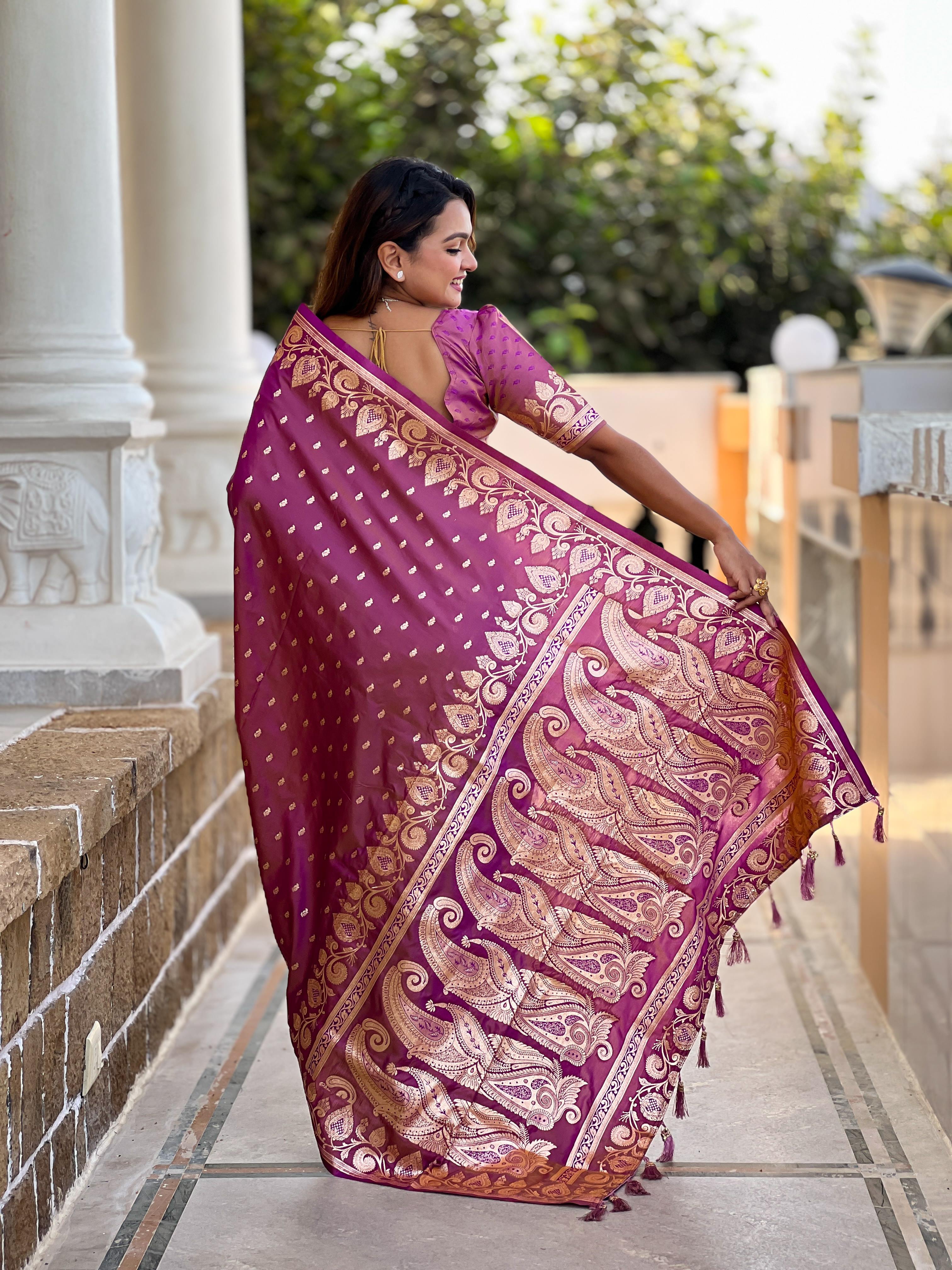 Onion Varni Fabrics Women Anjir Geometric Banarasi Silk Tassels and Latkans Saree comes With Matching Blouse