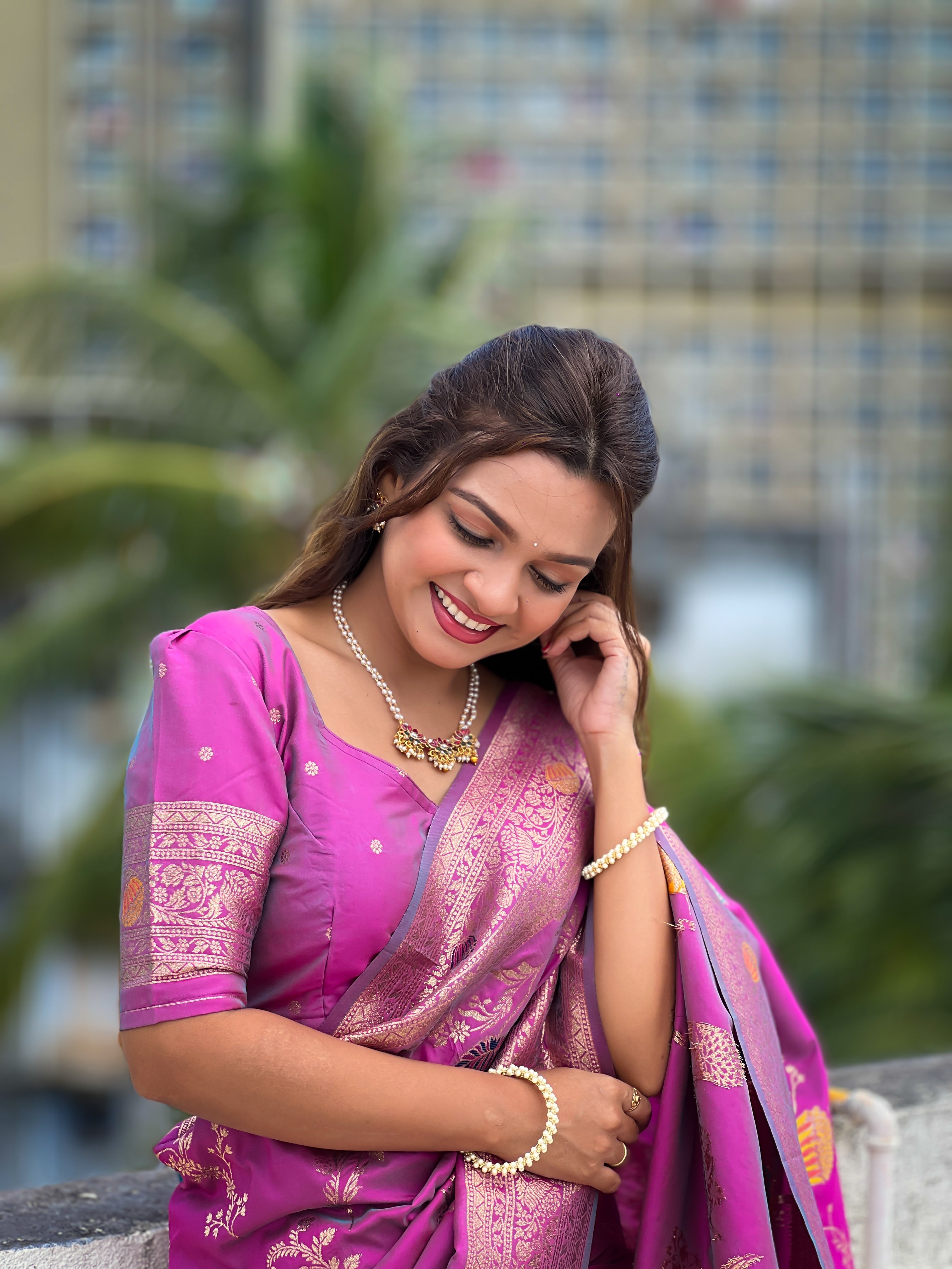 Onion Designer Banarasi Silk Saree for Women –  Woven Floral Saree with Blouse