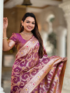 Onion Varni Fabrics Women Geometric Banarasi Silk Tassels and Latkans Saree comes With Matching Blouse