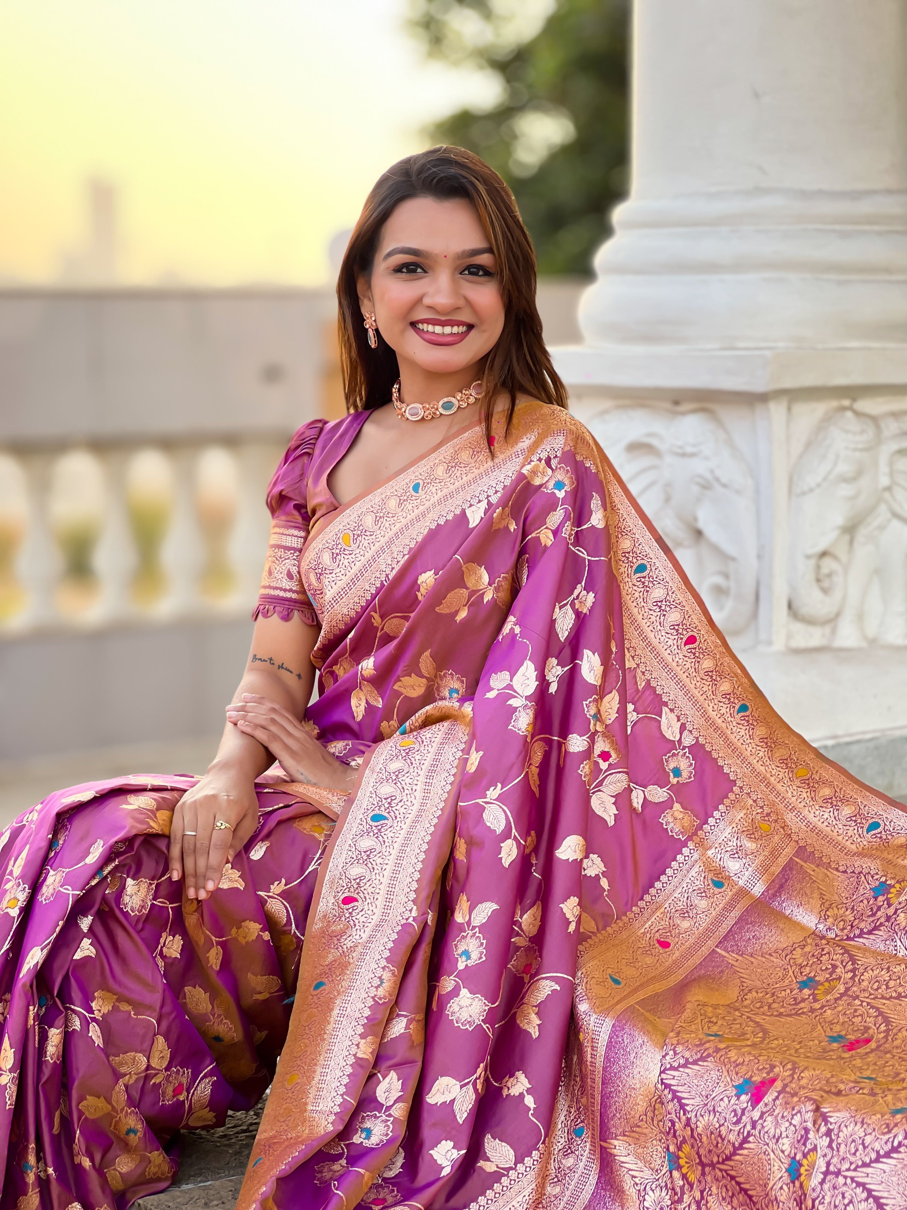 Onion Varni Fabrics Women's Traditional Banarasi Silk Saree with Woven Design & Blouse