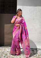 Onion Designer Banarasi Silk Saree for Women –  Woven Floral Saree with Blouse