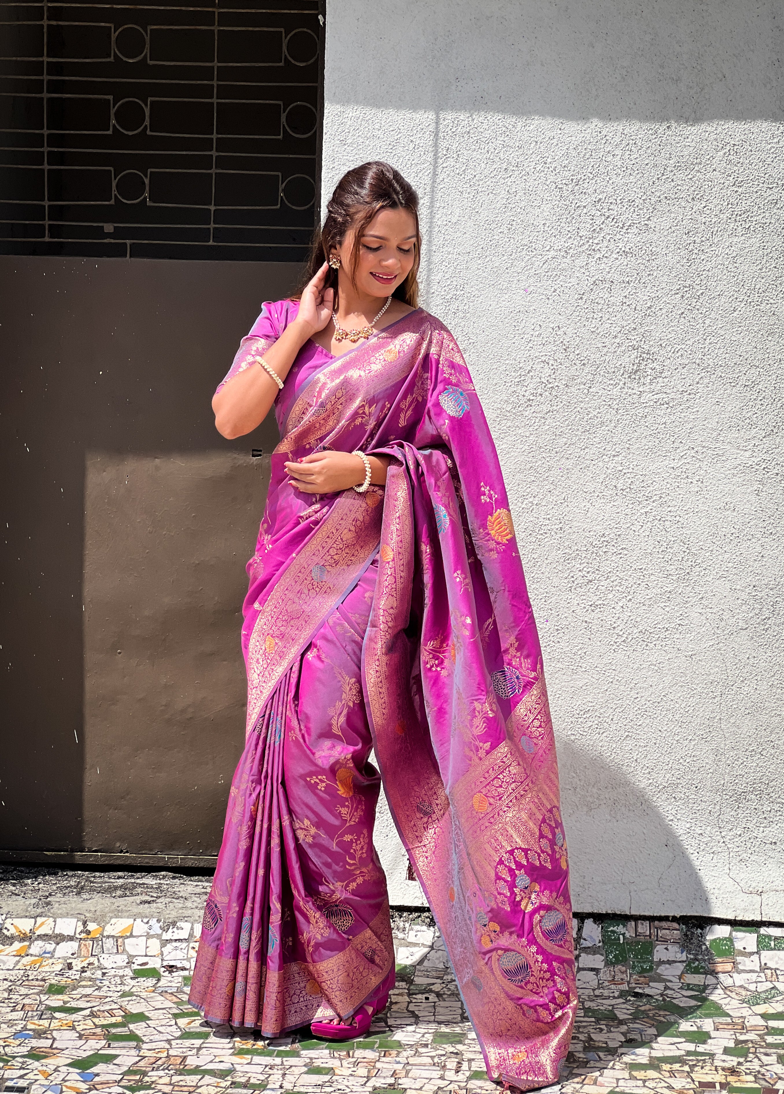 Onion Designer Banarasi Silk Saree for Women –  Woven Floral Saree with Blouse