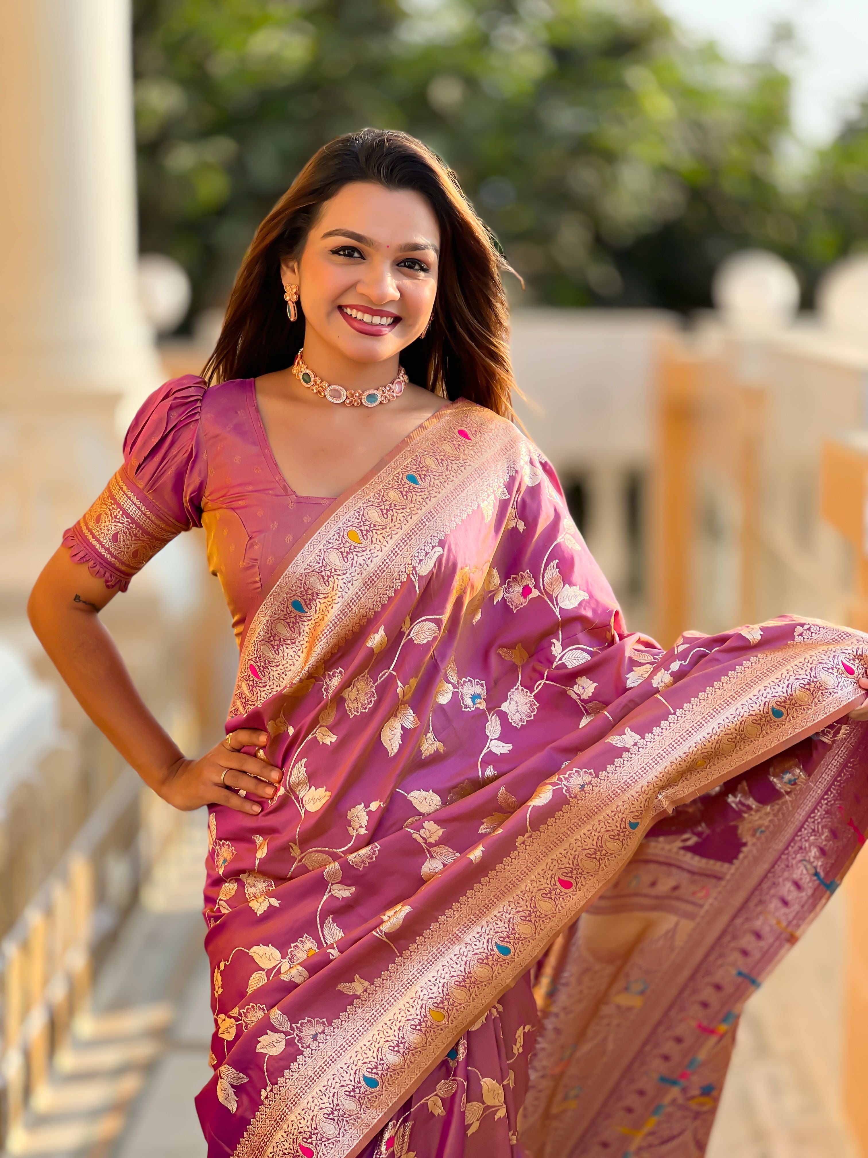 Onion Varni Fabrics Women's Traditional Banarasi Silk Saree with Woven Design & Blouse