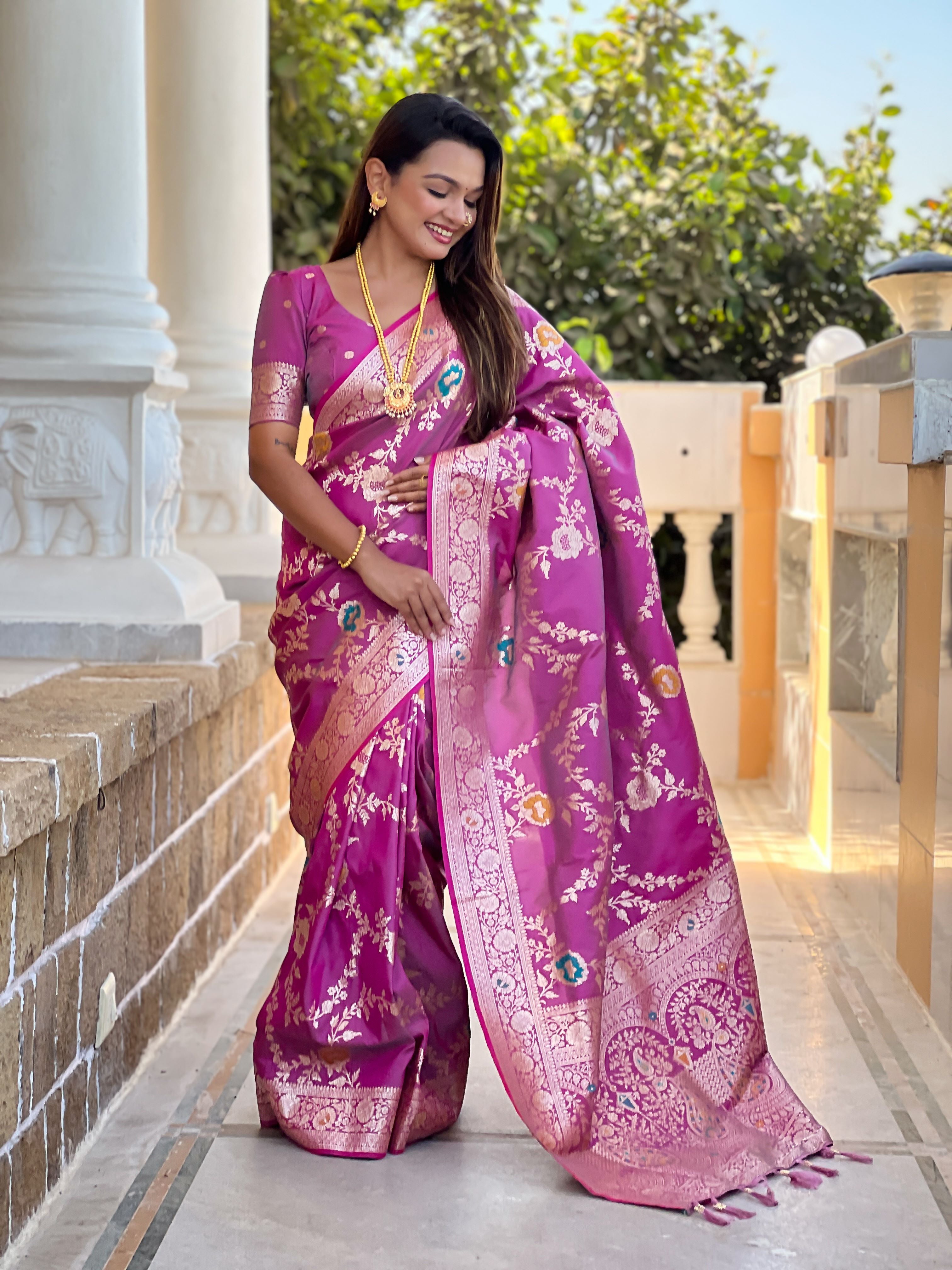 Onion Varni Fabrics Women Floral Banarasi Silk Woven Saree comes With Matching Blouse