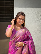 Onion Designer Banarasi Silk Saree for Women –  Woven Floral Saree with Blouse