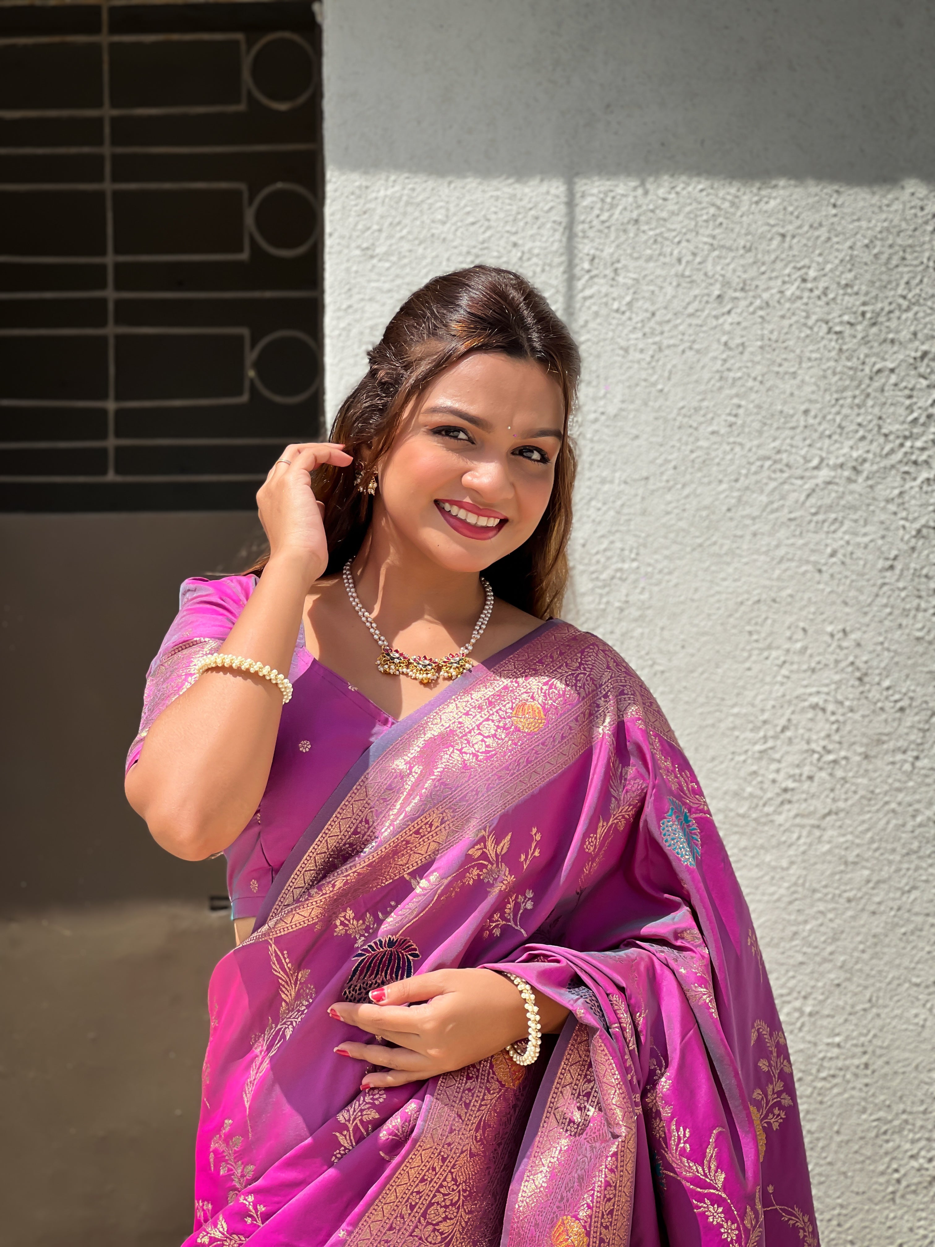 Onion Designer Banarasi Silk Saree for Women –  Woven Floral Saree with Blouse