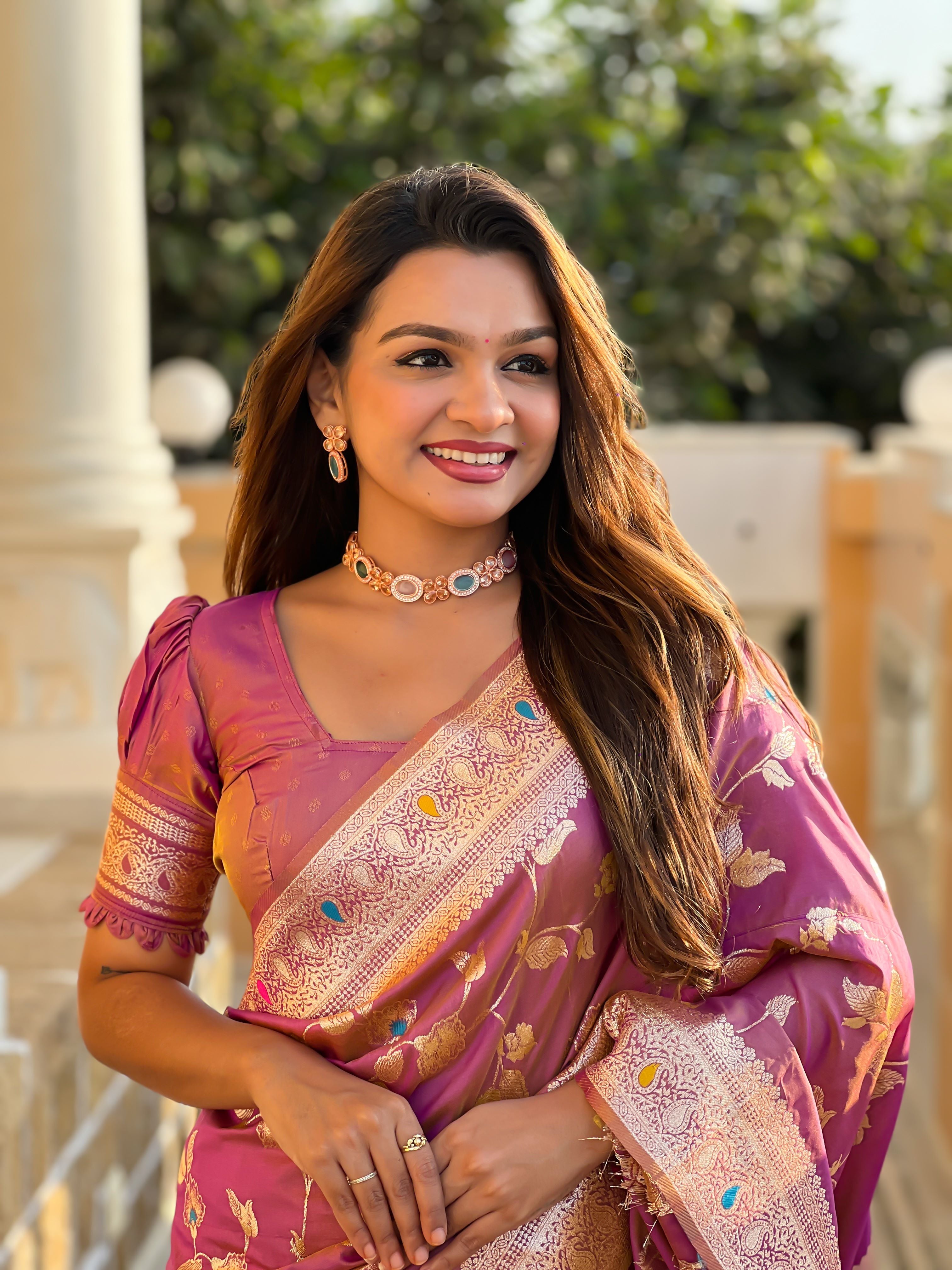Onion Varni Fabrics Women's Traditional Banarasi Silk Saree with Woven Design & Blouse