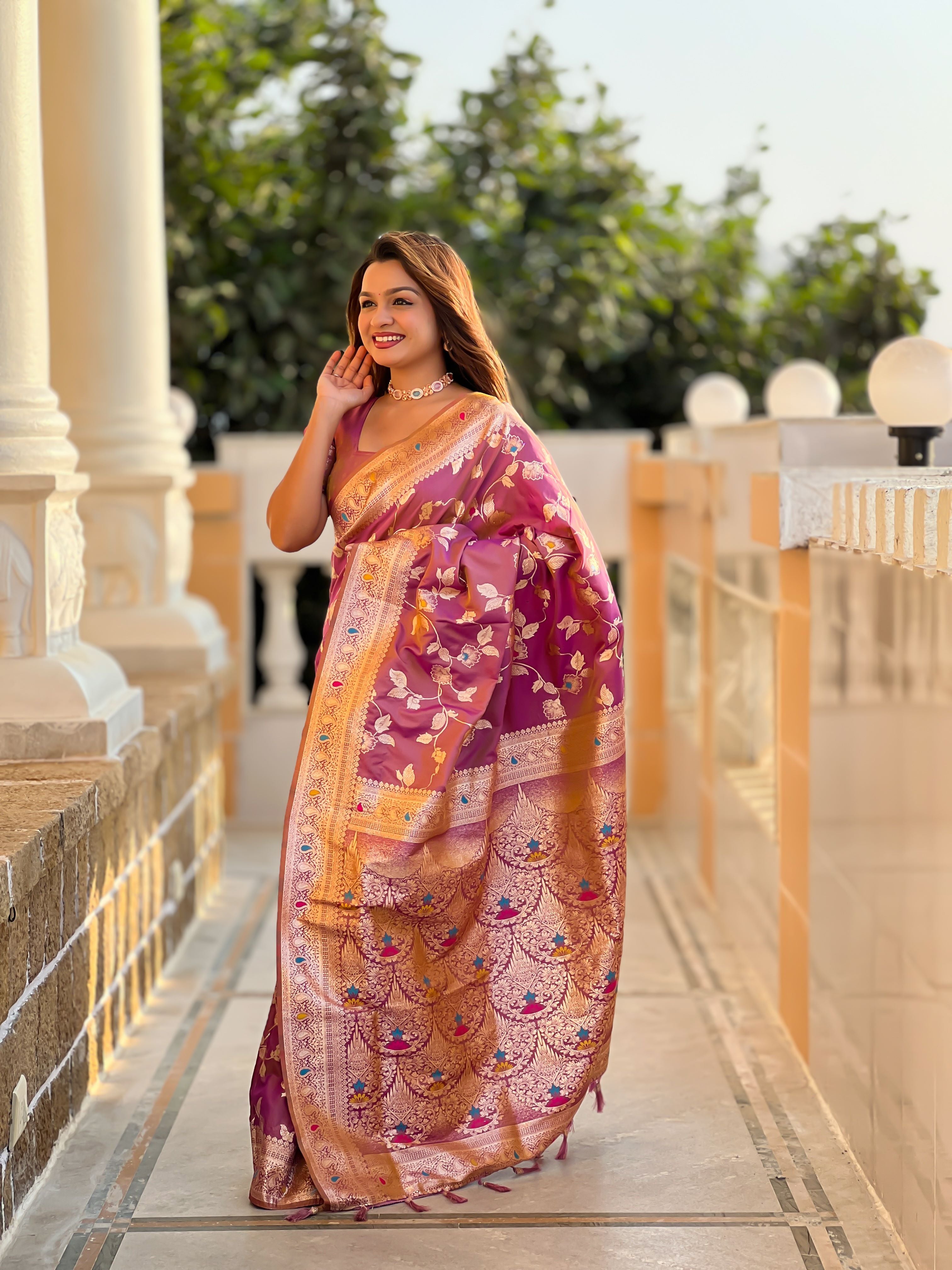 Onion Varni Fabrics Women's Traditional Banarasi Silk Saree with Woven Design & Blouse