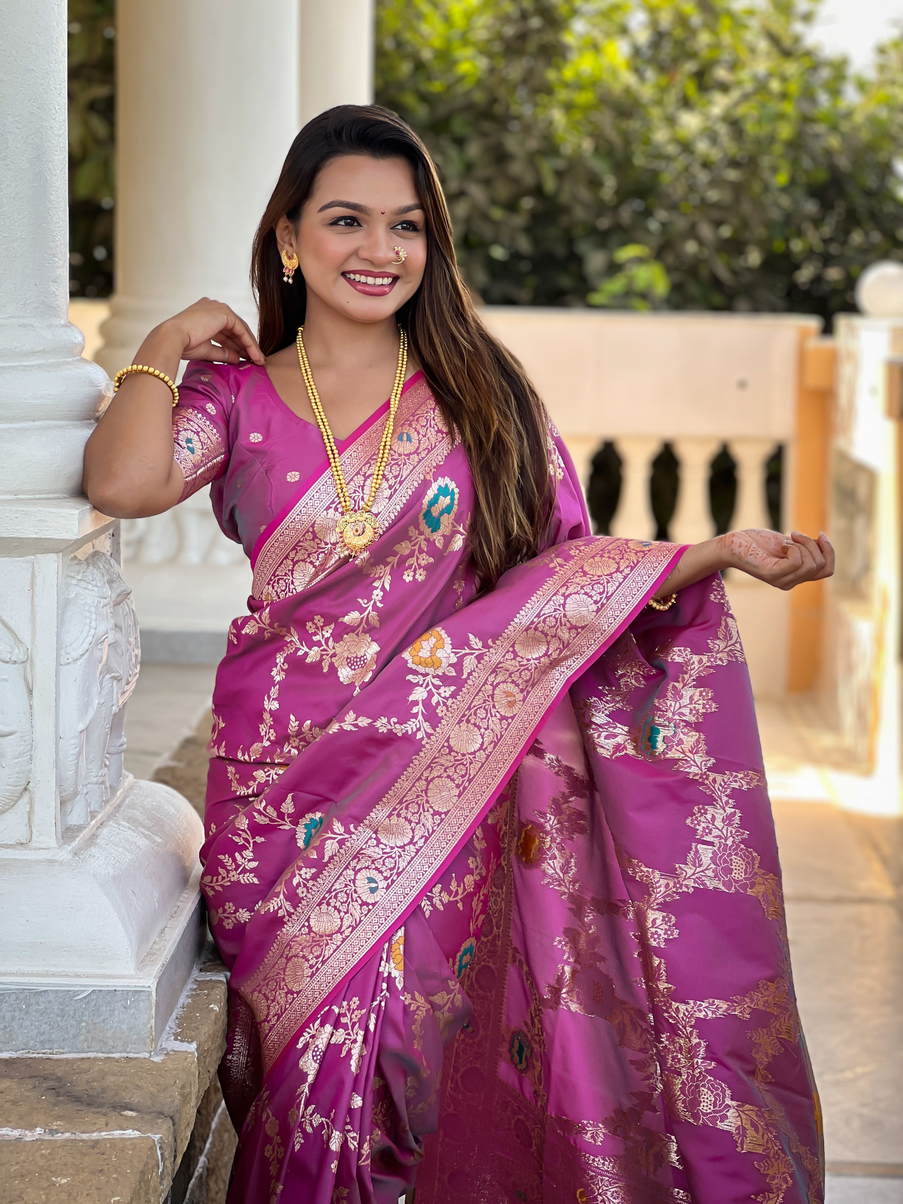 Onion Varni Fabrics Women Floral Banarasi Silk Woven Saree comes With Matching Blouse