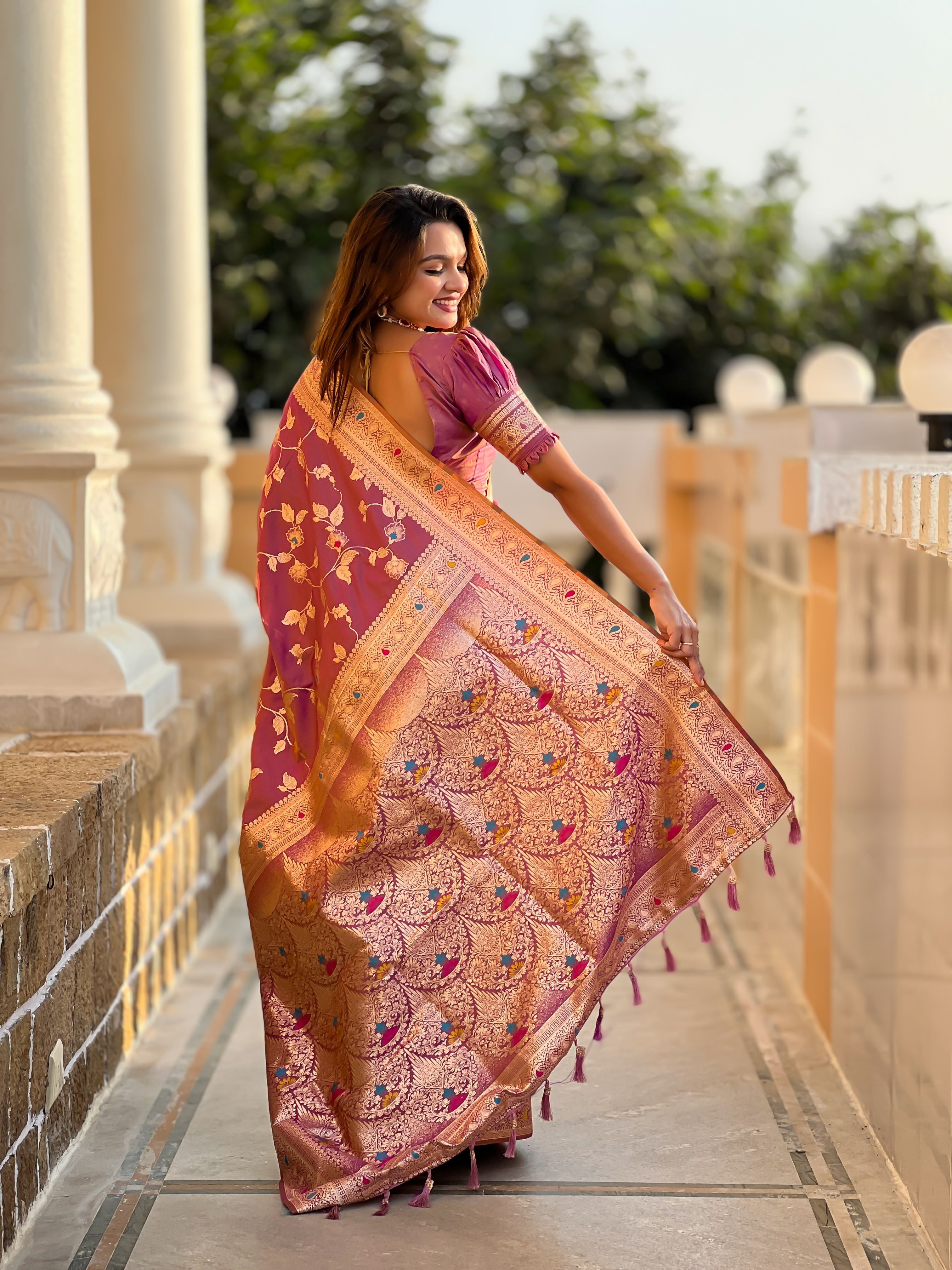 Onion Varni Fabrics Women's Traditional Banarasi Silk Saree with Woven Design & Blouse