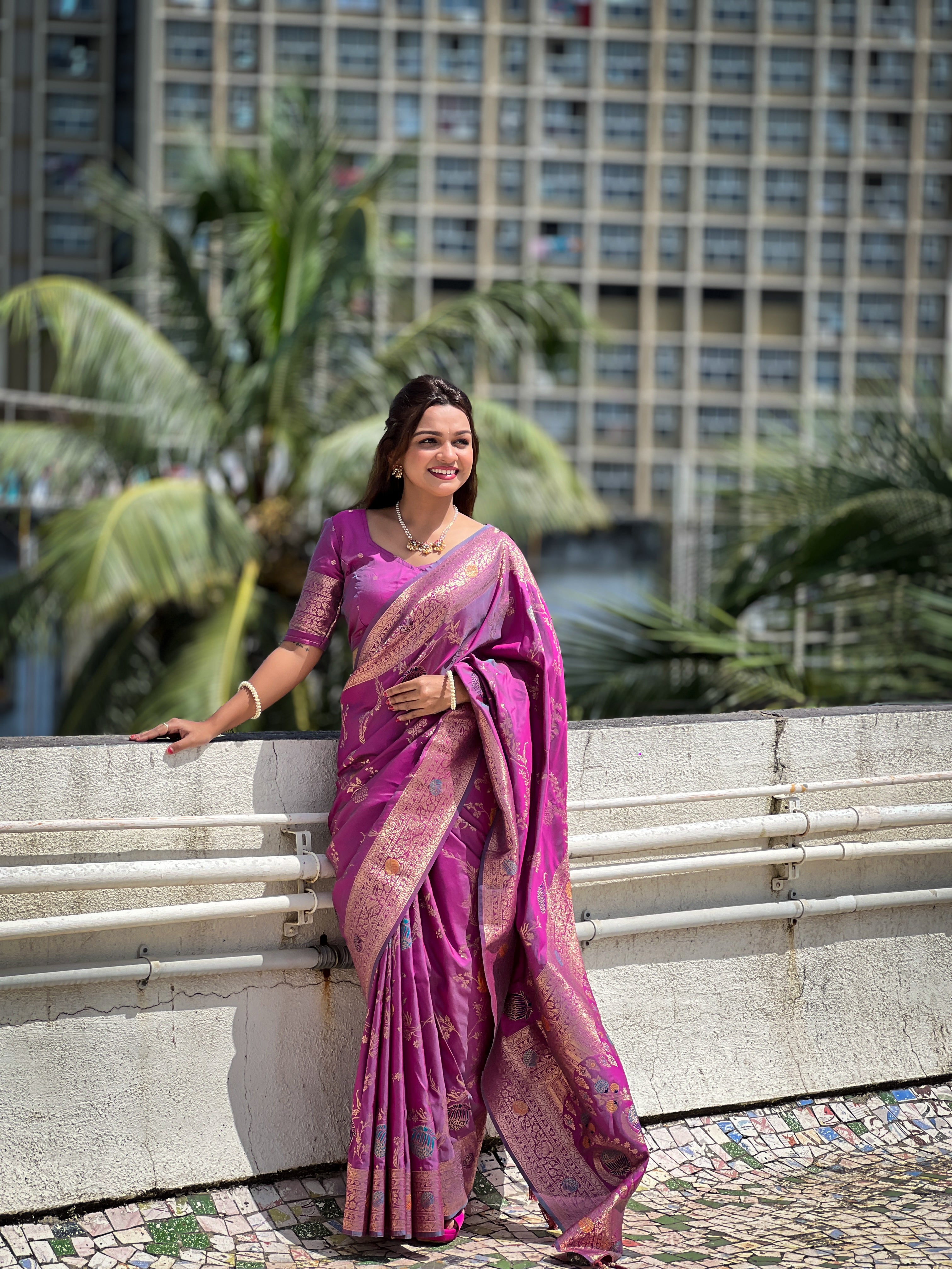 Onion Designer Banarasi Silk Saree for Women –  Woven Floral Saree with Blouse