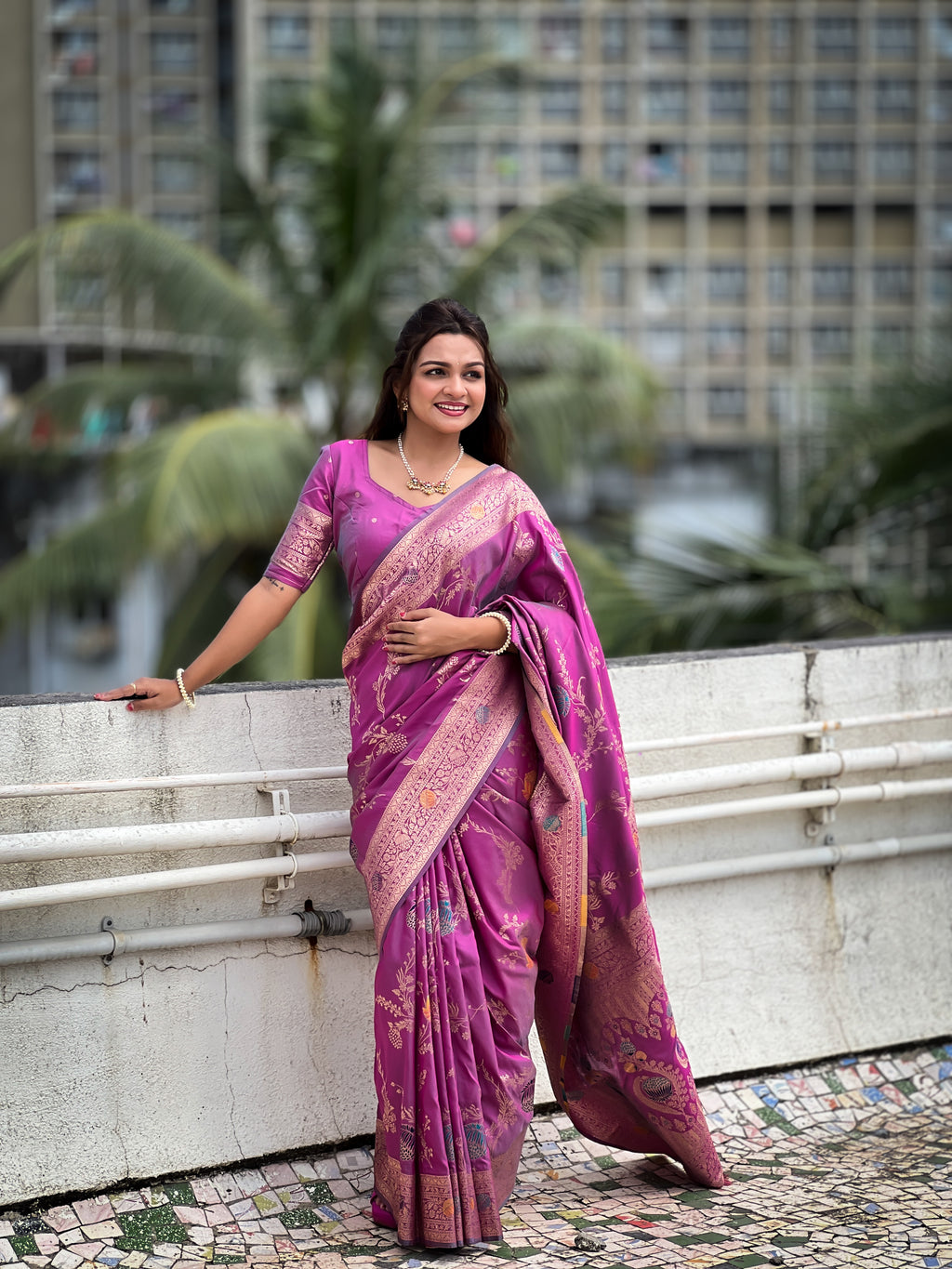 Onion Designer Banarasi Silk Saree for Women –  Woven Floral Saree with Blouse