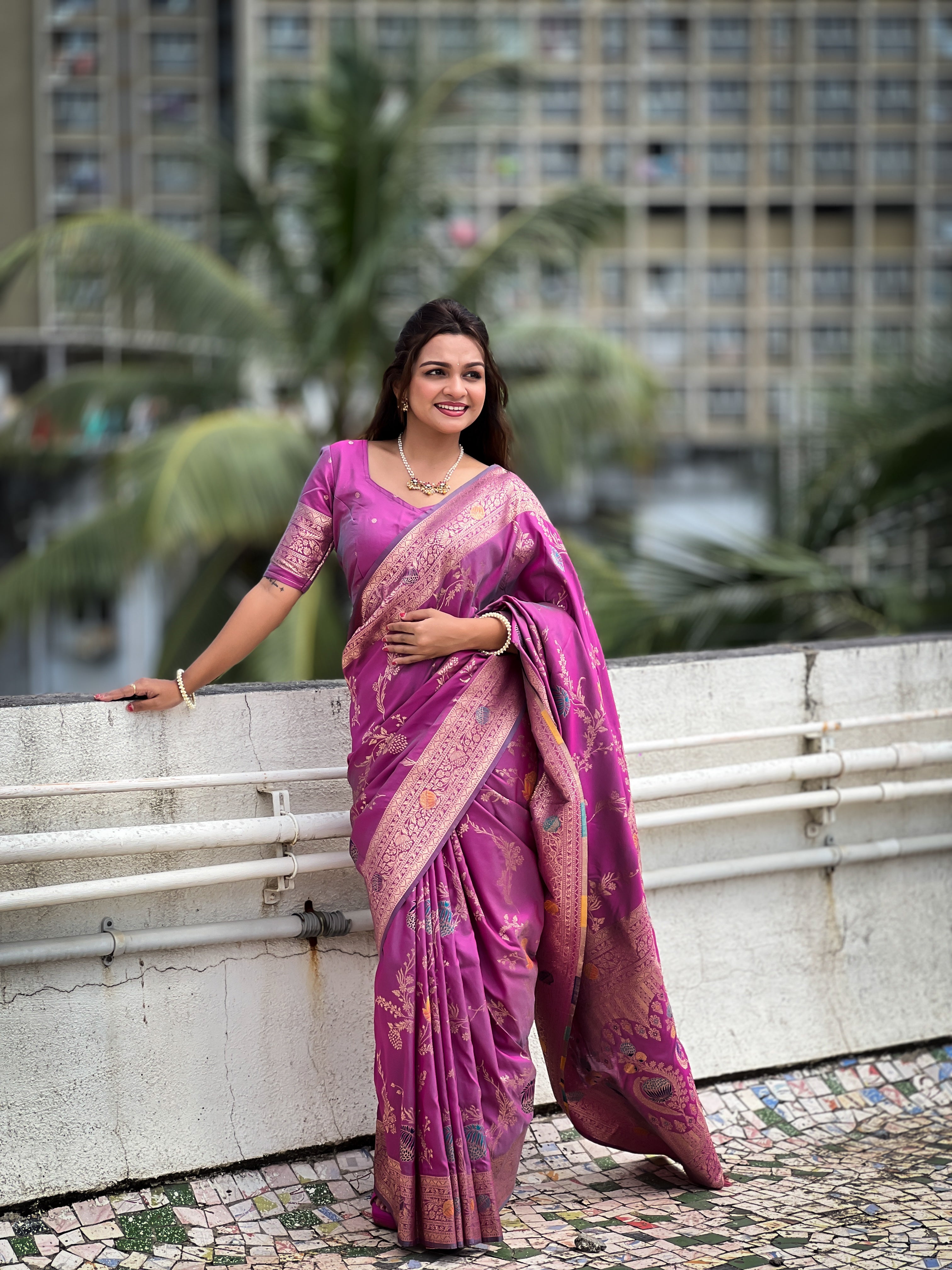 Onion Designer Banarasi Silk Saree for Women –  Woven Floral Saree with Blouse