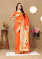 Orange Soft Paithani Silk Saree with Zari Motifs, Meenakari Pallu & Contrast Blouse
