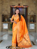 Orange Paithani Silk Saree with Zari Weaving, Meenakari Pallu & Double Munia Border