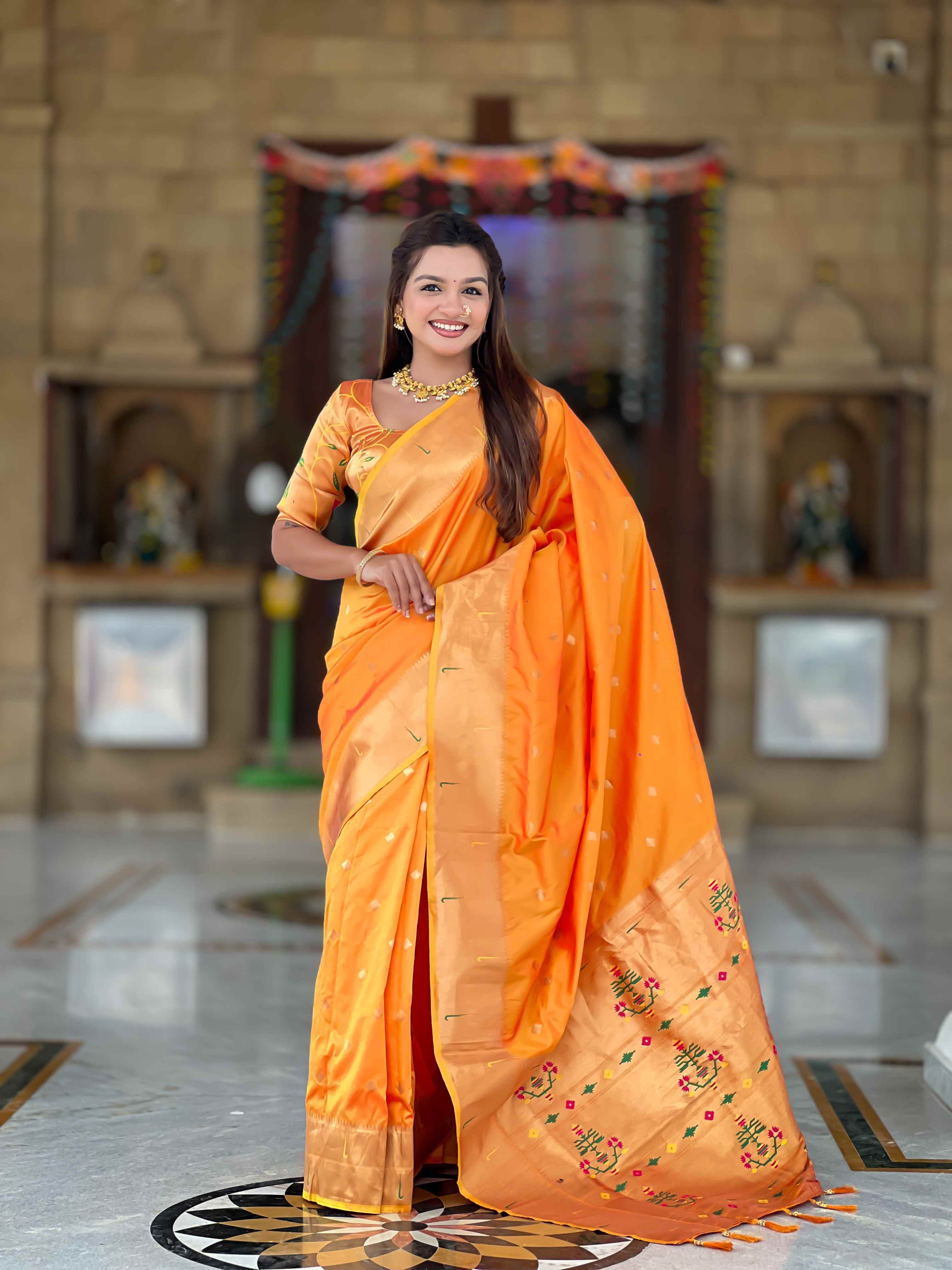 Orange Paithani Silk Saree with Zari Weaving, Meenakari Pallu & Double Munia Border