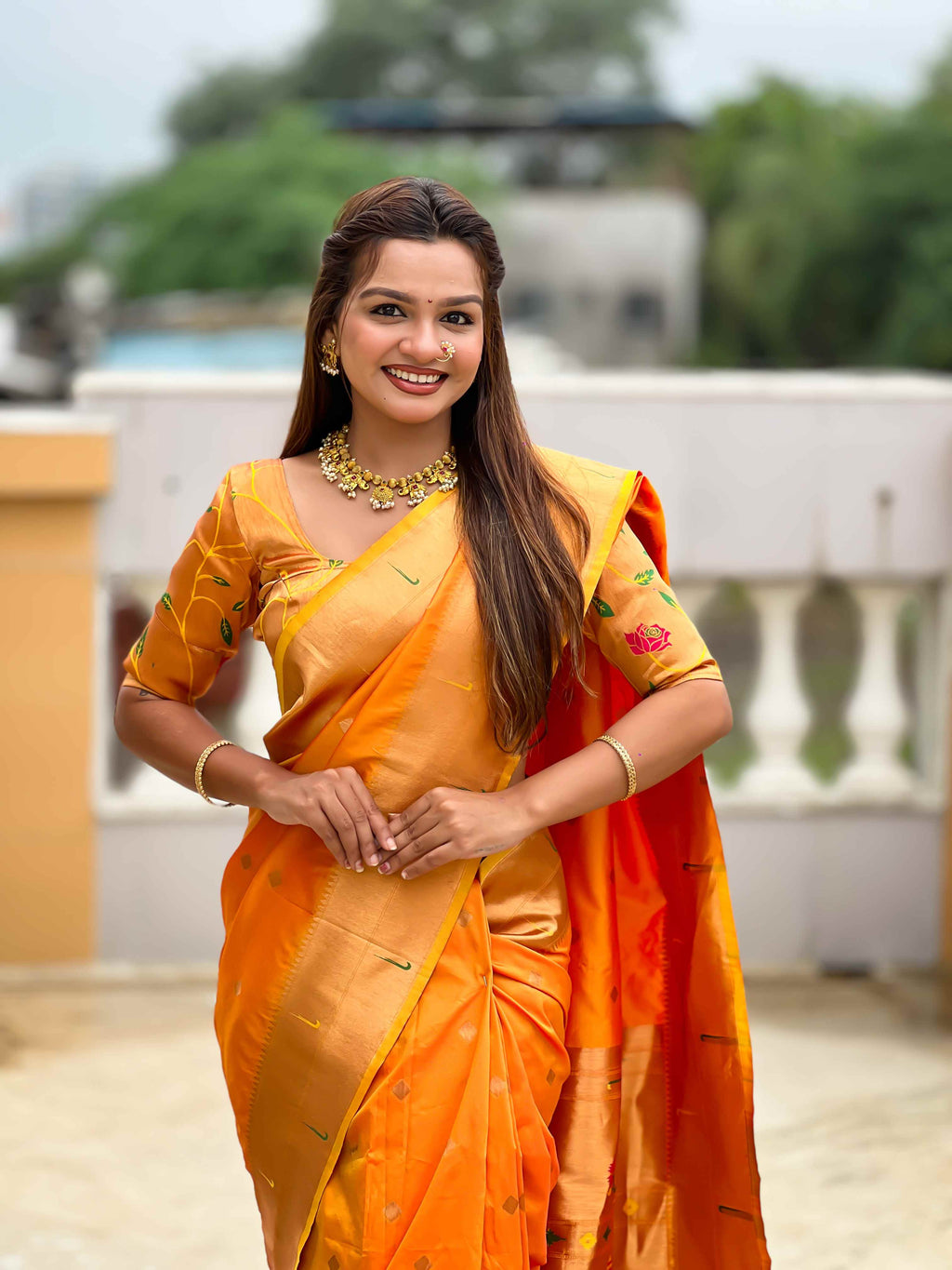Orange Paithani Silk Saree with Zari Weaving, Meenakari Pallu & Double Munia Border