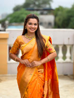 Orange Paithani Silk Saree with Zari Weaving, Meenakari Pallu & Double Munia Border