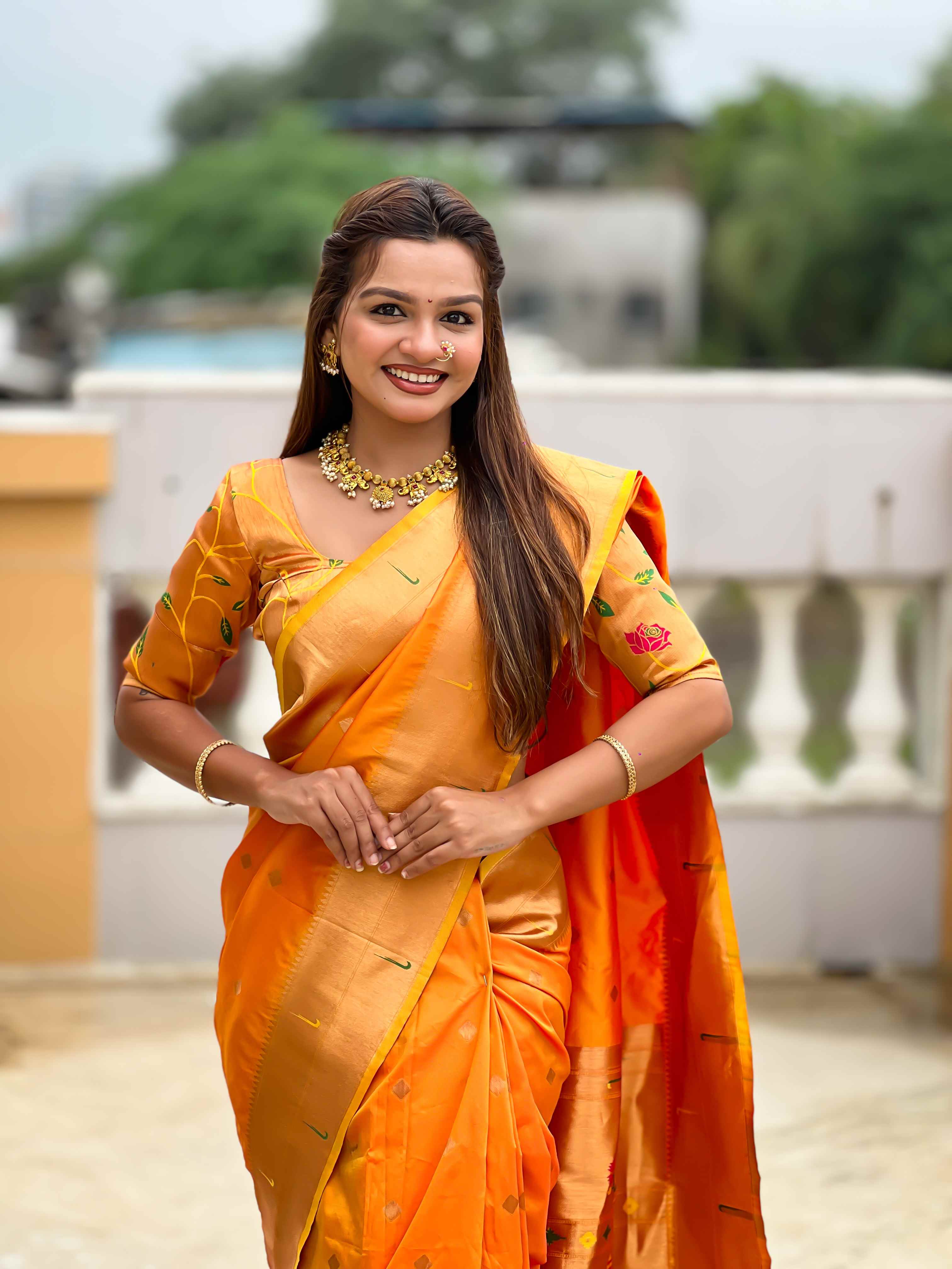 Orange Paithani Silk Saree with Zari Weaving, Meenakari Pallu & Double Munia Border