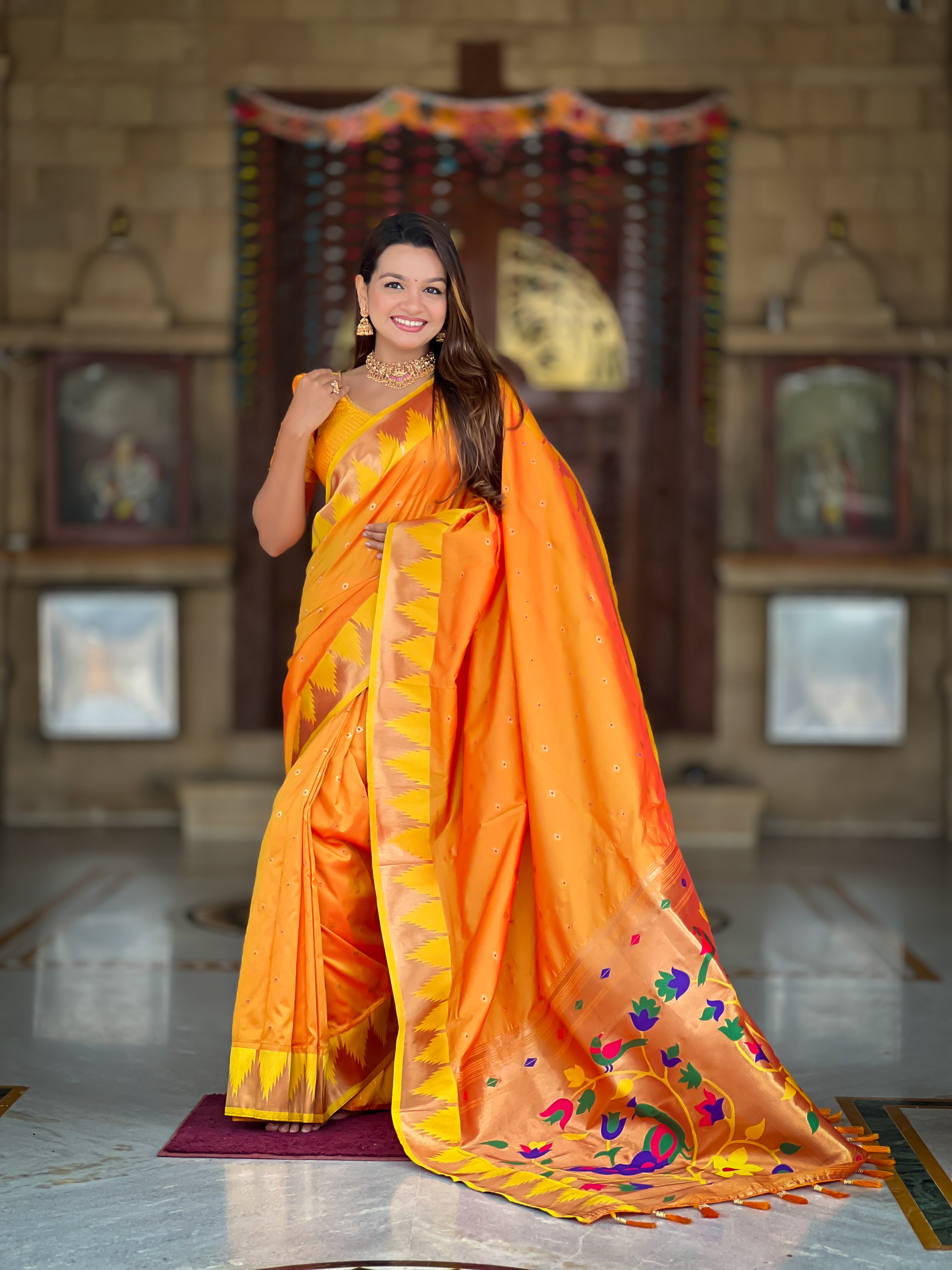 Orange Paithani Silk Saree with Meenakari Rich Pallu & Temple Weaving Border