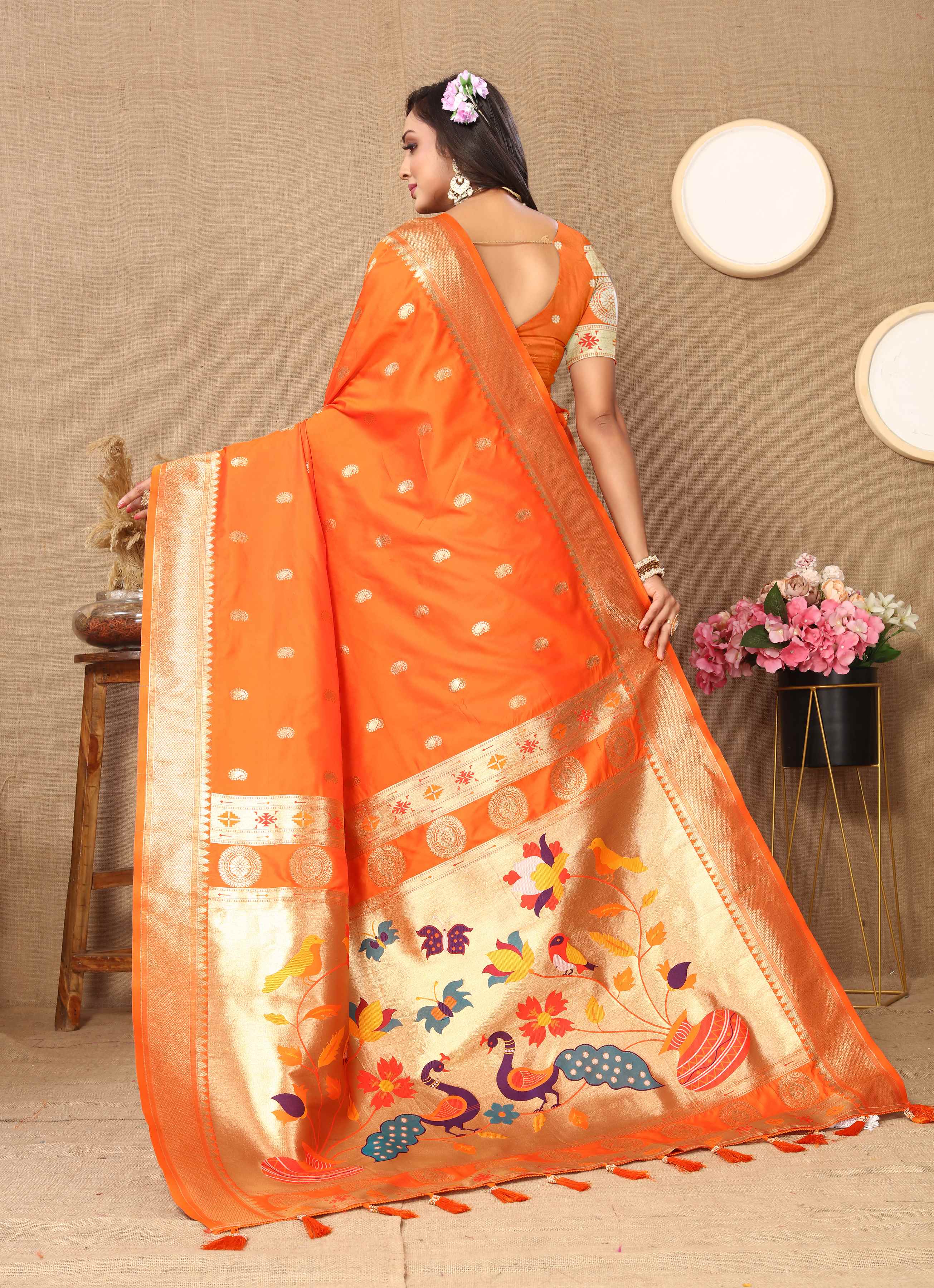 Orange Soft Paithani Silk Saree with Zari Motifs, Meenakari Pallu & Contrast Blouse