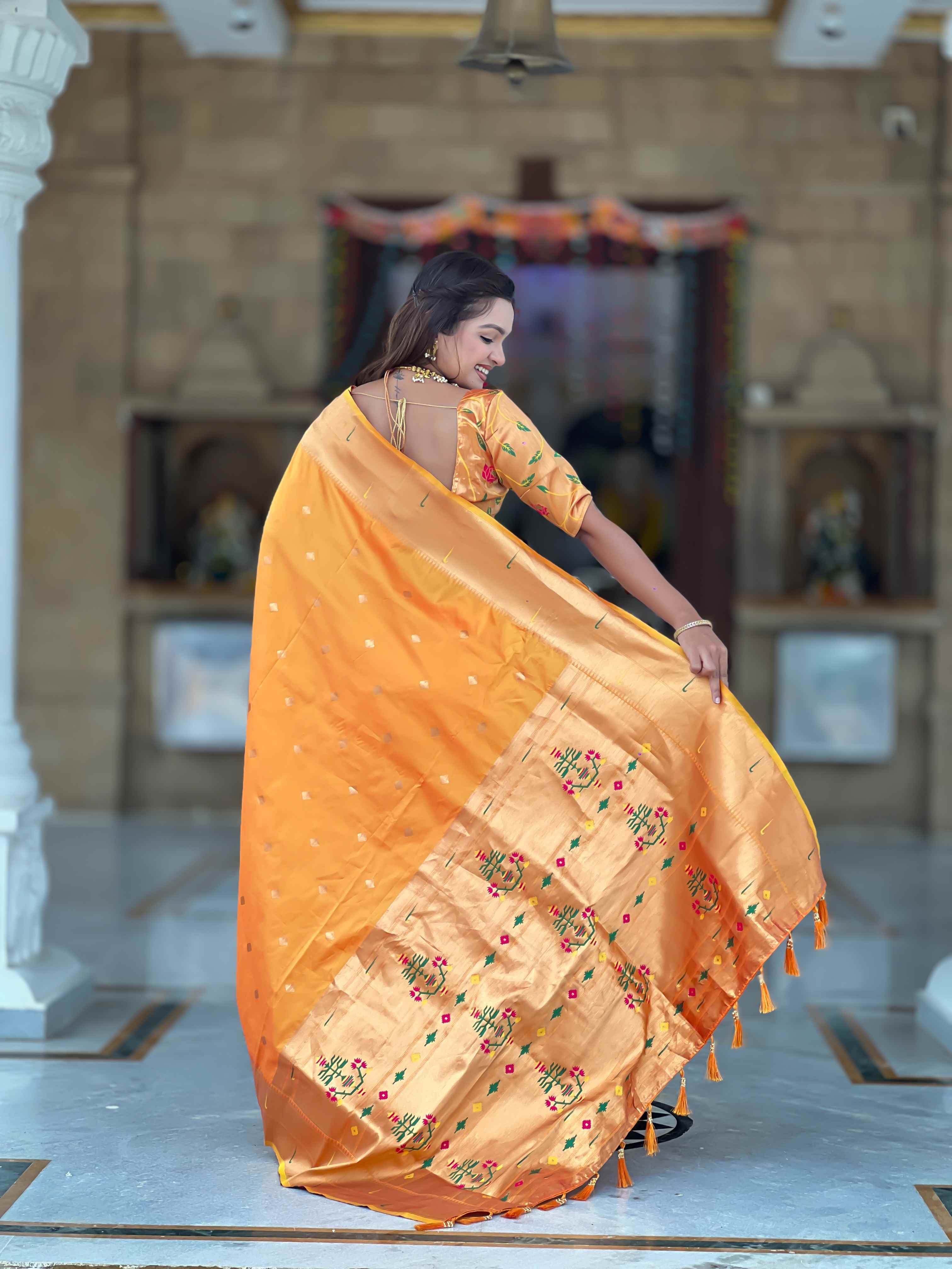 Orange Paithani Silk Saree with Zari Weaving, Meenakari Pallu & Double Munia Border