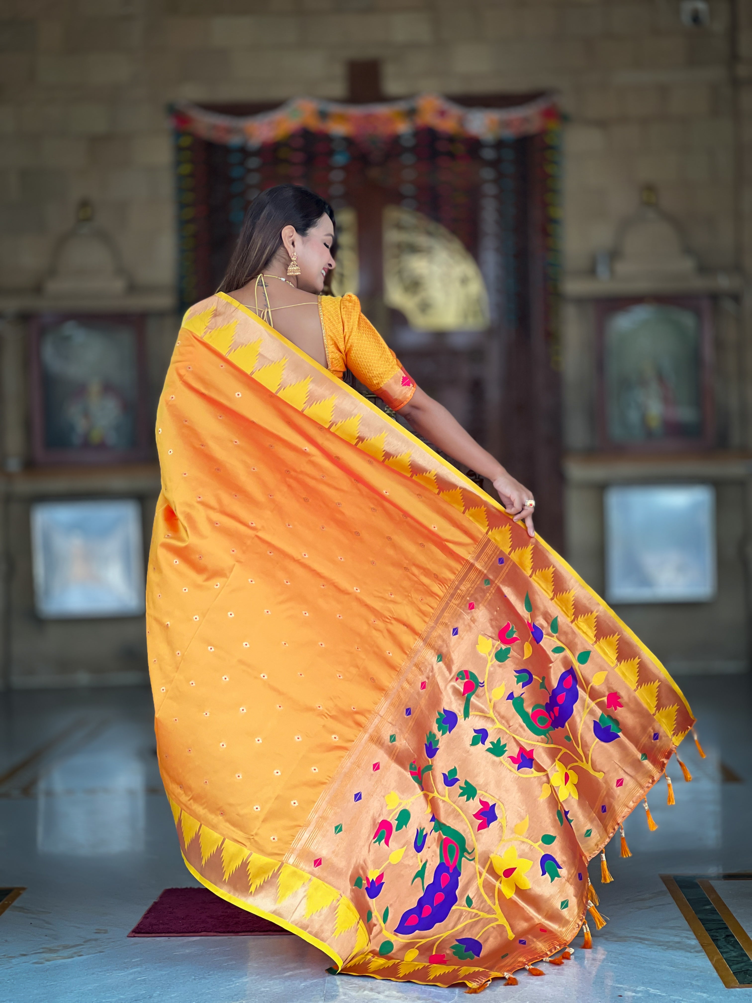Orange Paithani Silk Saree with Meenakari Rich Pallu & Temple Weaving Border