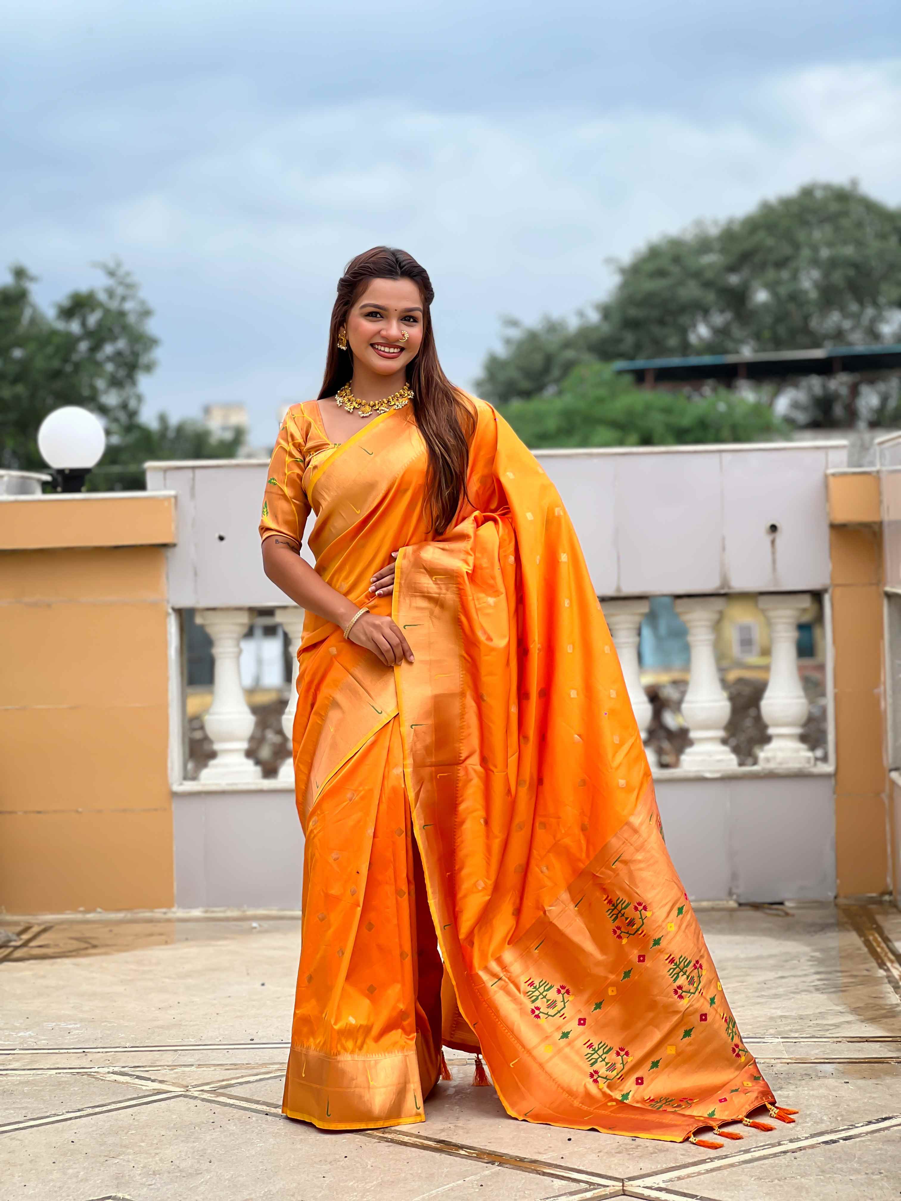Orange Paithani Silk Saree with Zari Weaving, Meenakari Pallu & Double Munia Border