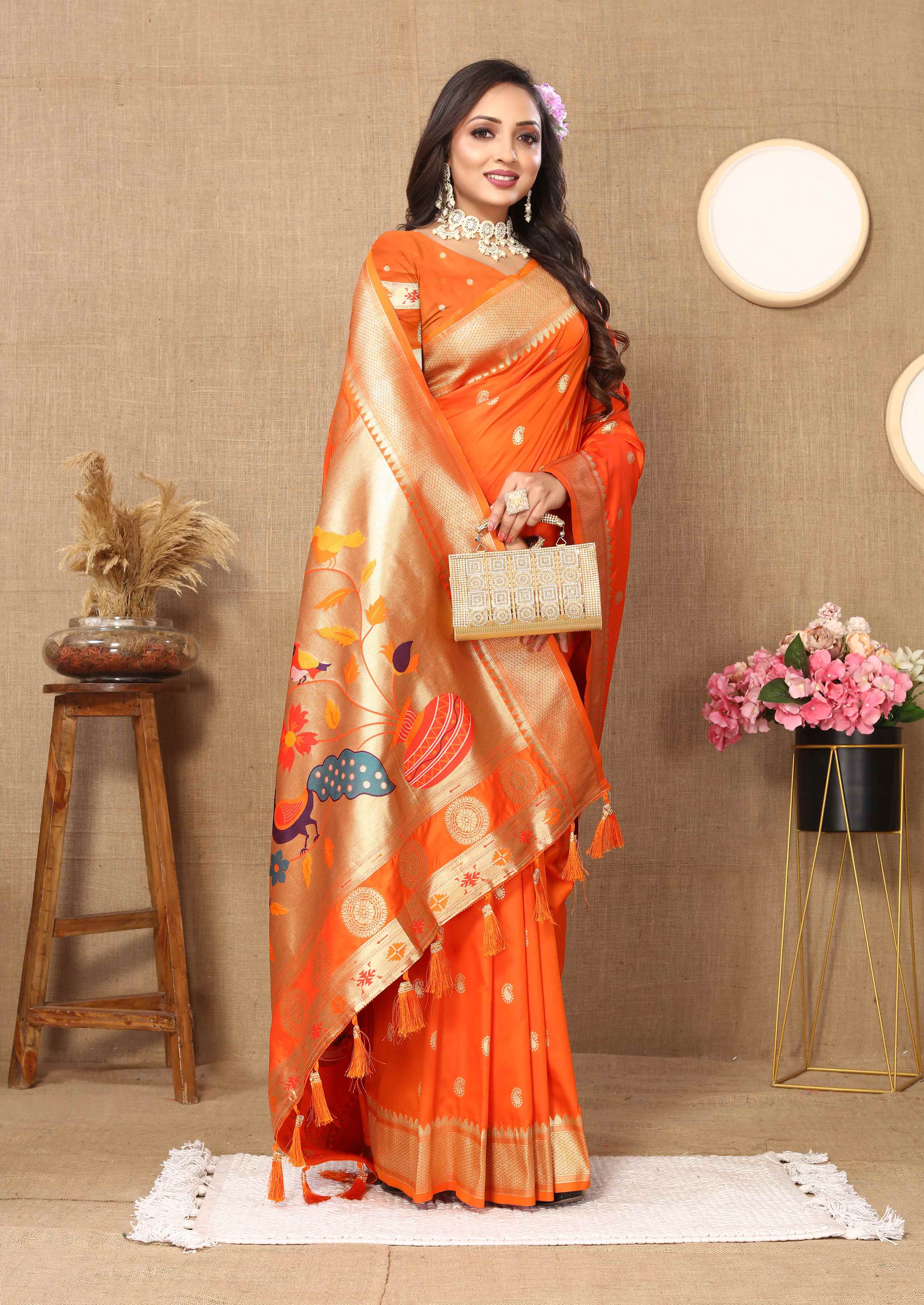 Orange Soft Paithani Silk Saree with Zari Motifs, Meenakari Pallu & Contrast Blouse
