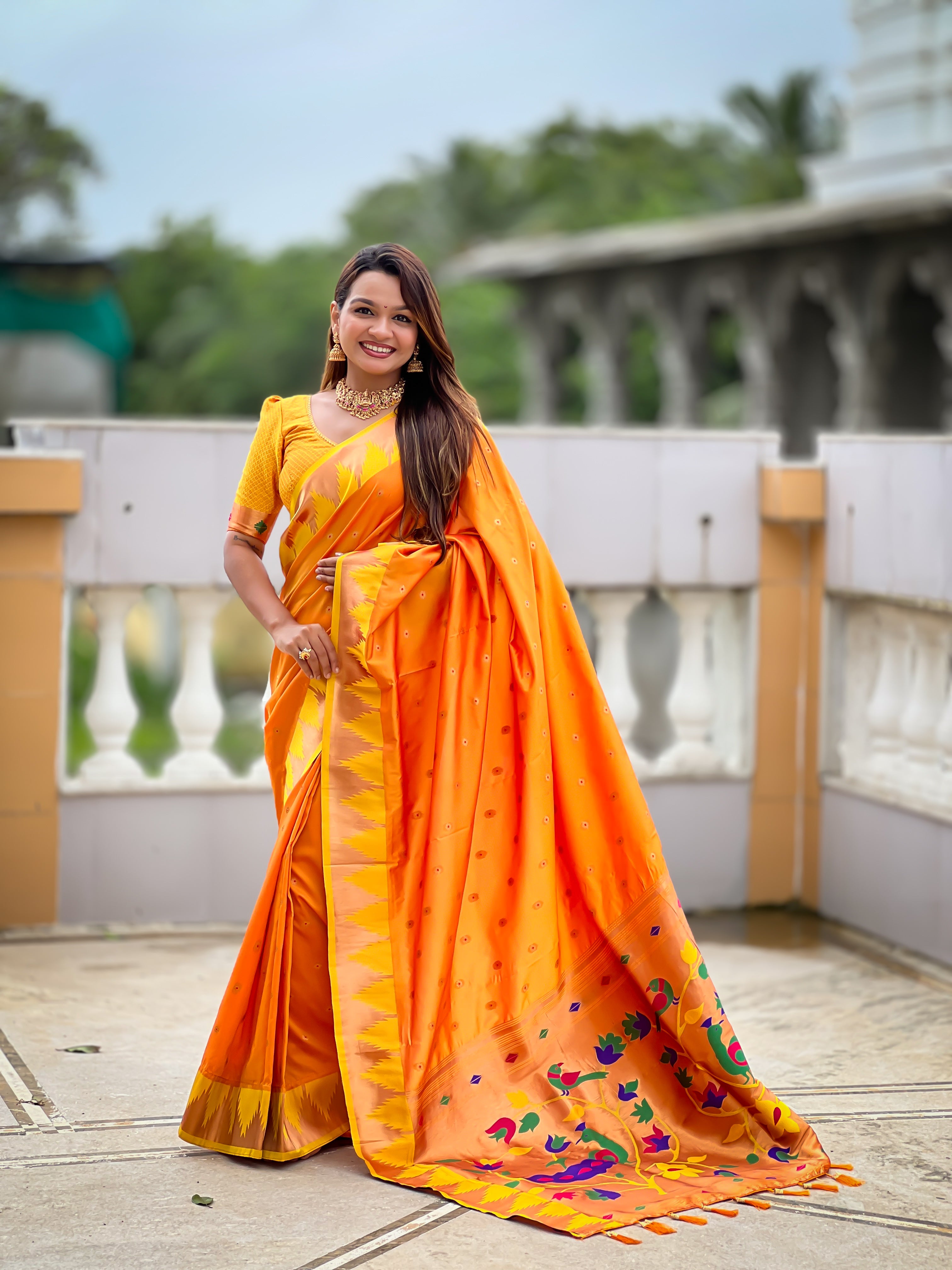 Orange Paithani Silk Saree with Meenakari Rich Pallu & Temple Weaving Border