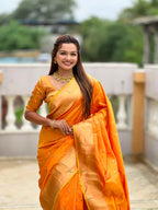 Orange Paithani Silk Saree with Zari Weaving, Meenakari Pallu & Double Munia Border