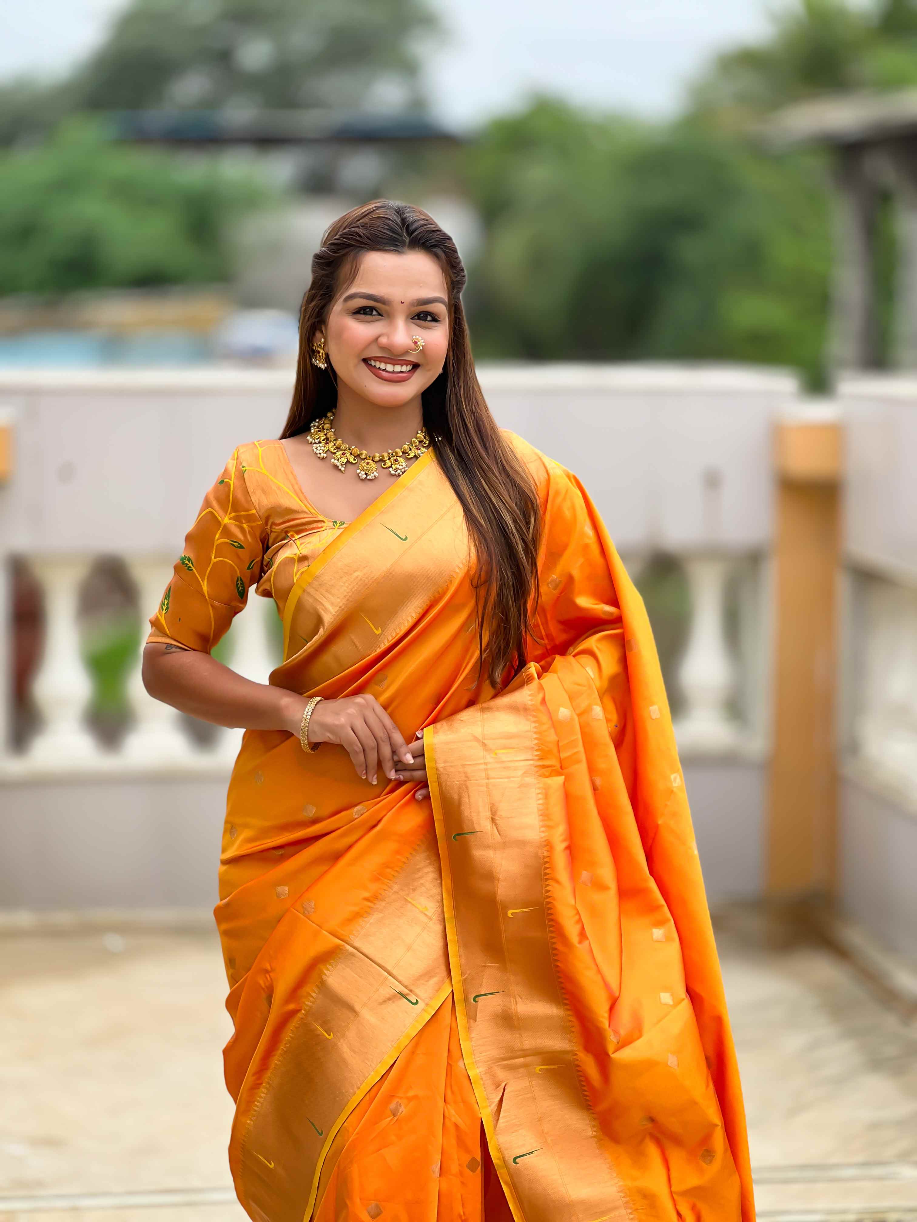 Orange Paithani Silk Saree with Zari Weaving, Meenakari Pallu & Double Munia Border
