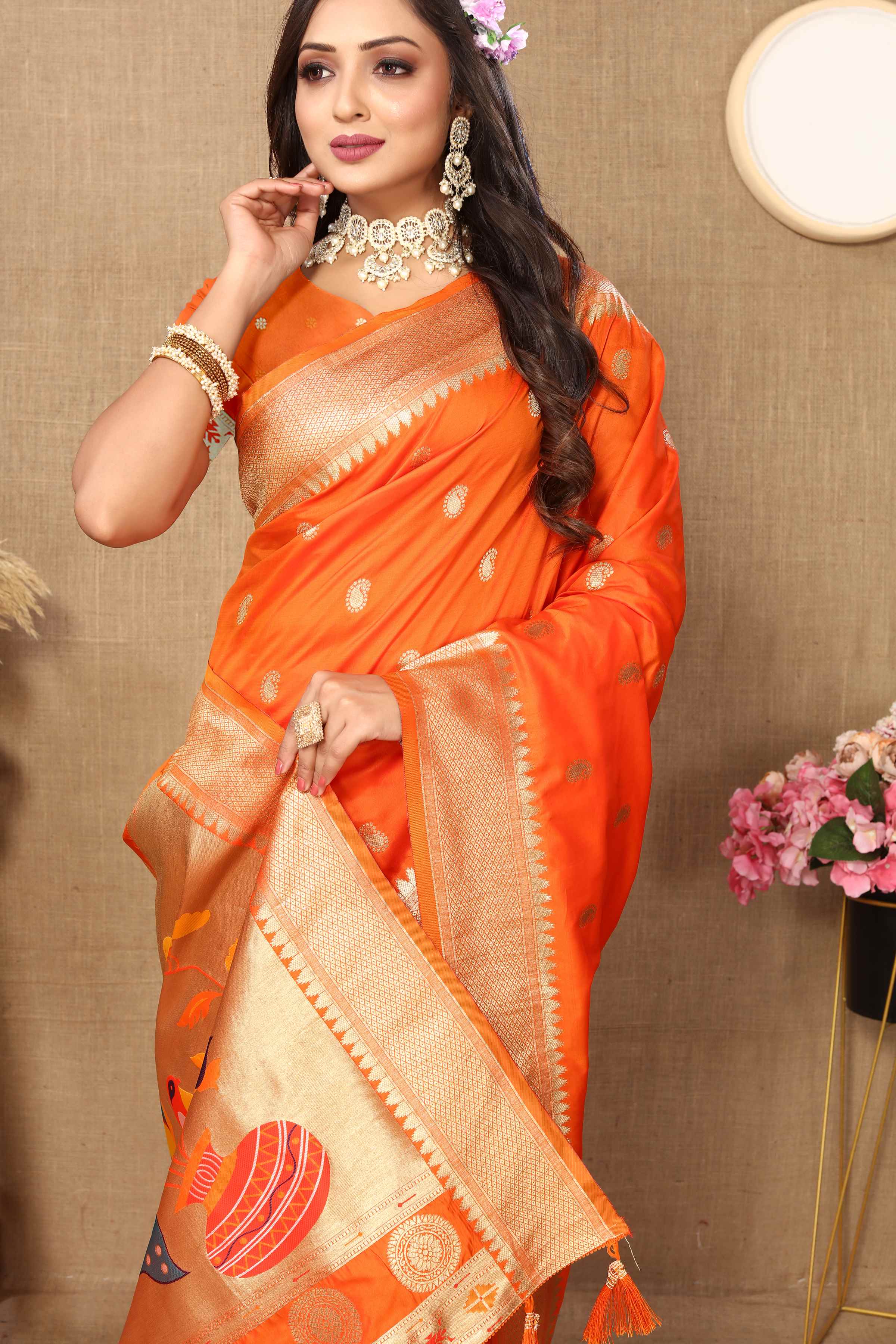 Orange Soft Paithani Silk Saree with Zari Motifs, Meenakari Pallu & Contrast Blouse