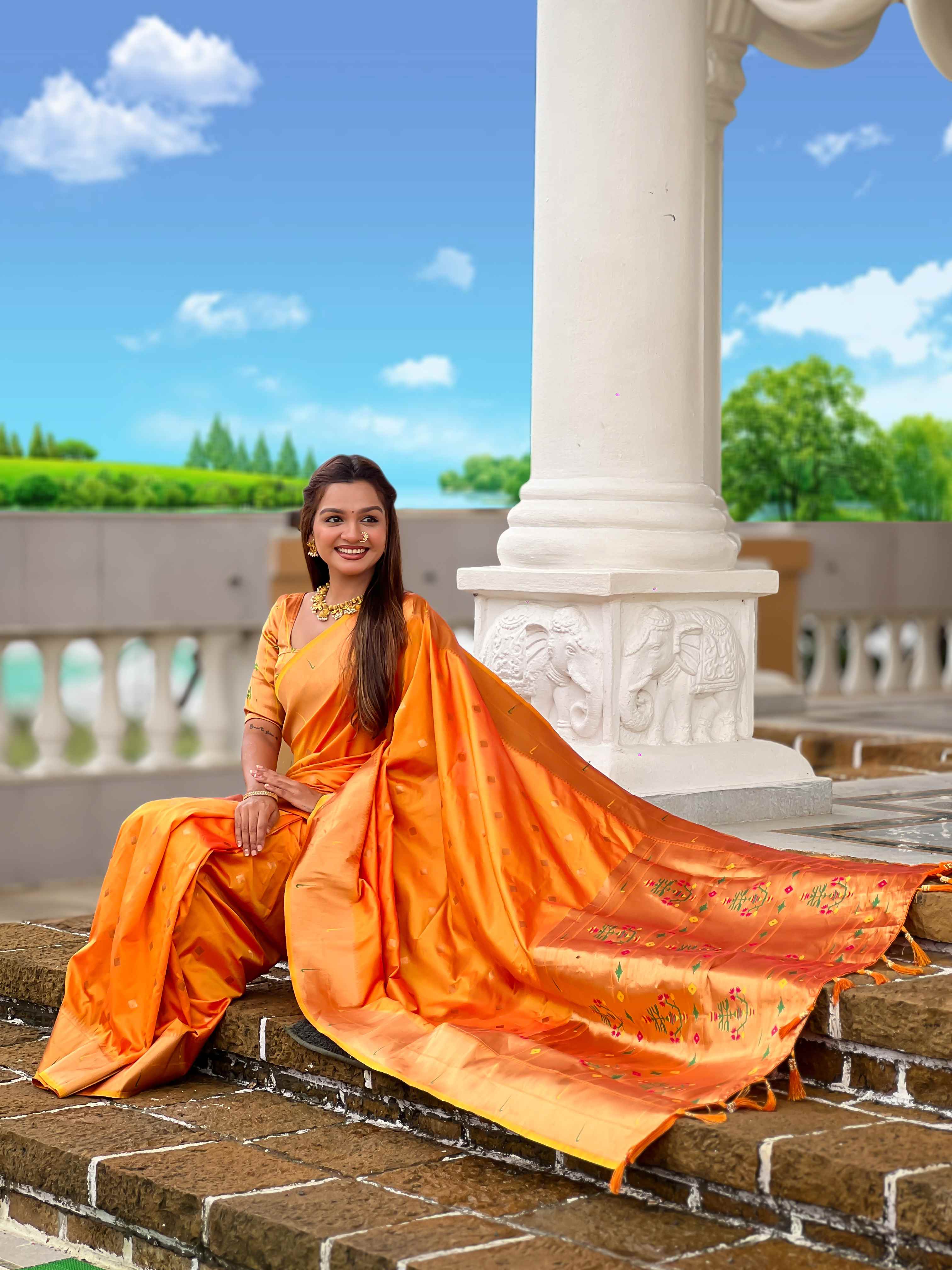 Orange Paithani Silk Saree with Zari Weaving, Meenakari Pallu & Double Munia Border