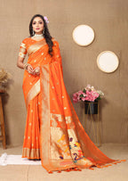 Orange Soft Paithani Silk Saree with Zari Motifs, Meenakari Pallu & Contrast Blouse