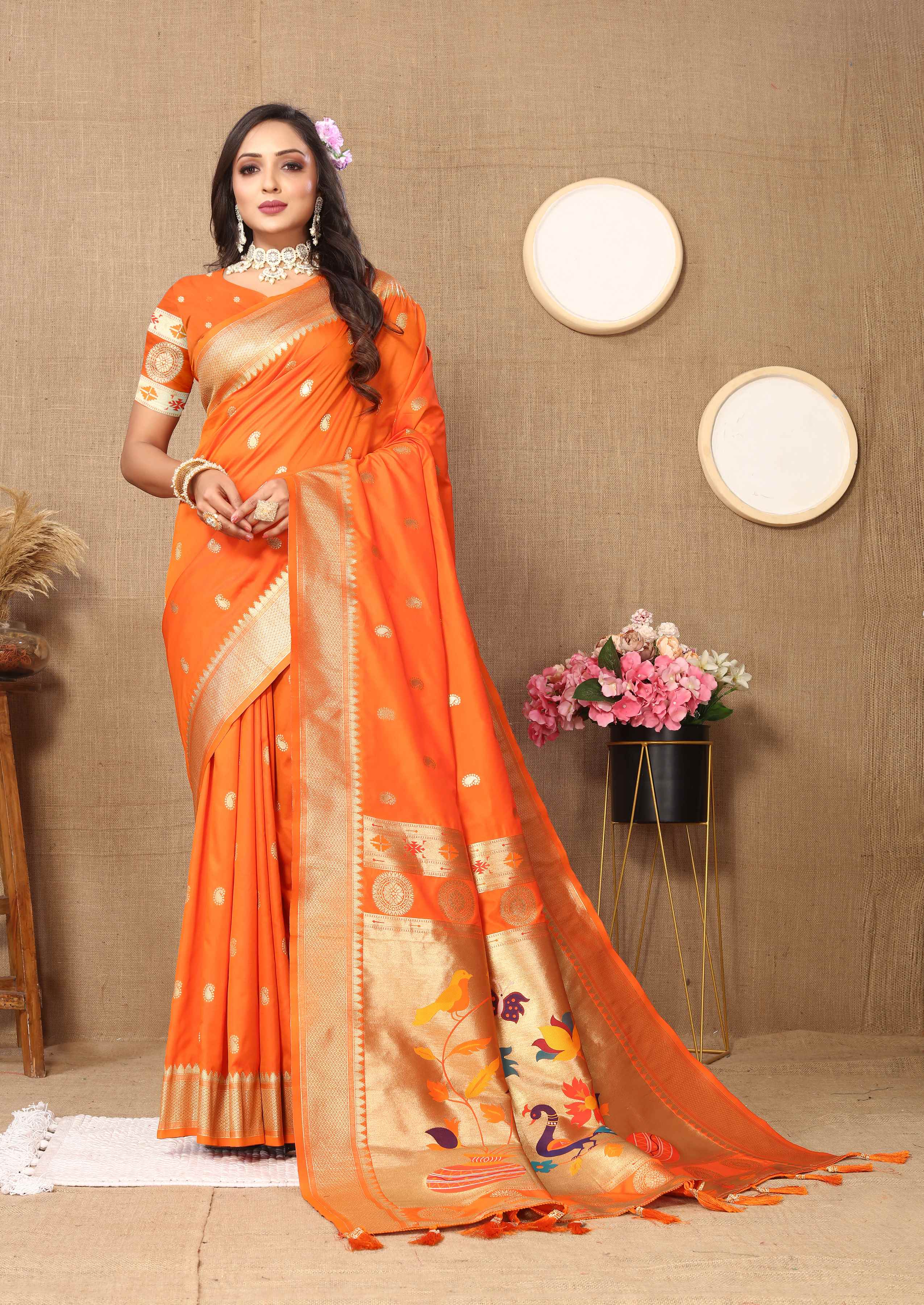 Orange Soft Paithani Silk Saree with Zari Motifs, Meenakari Pallu & Contrast Blouse