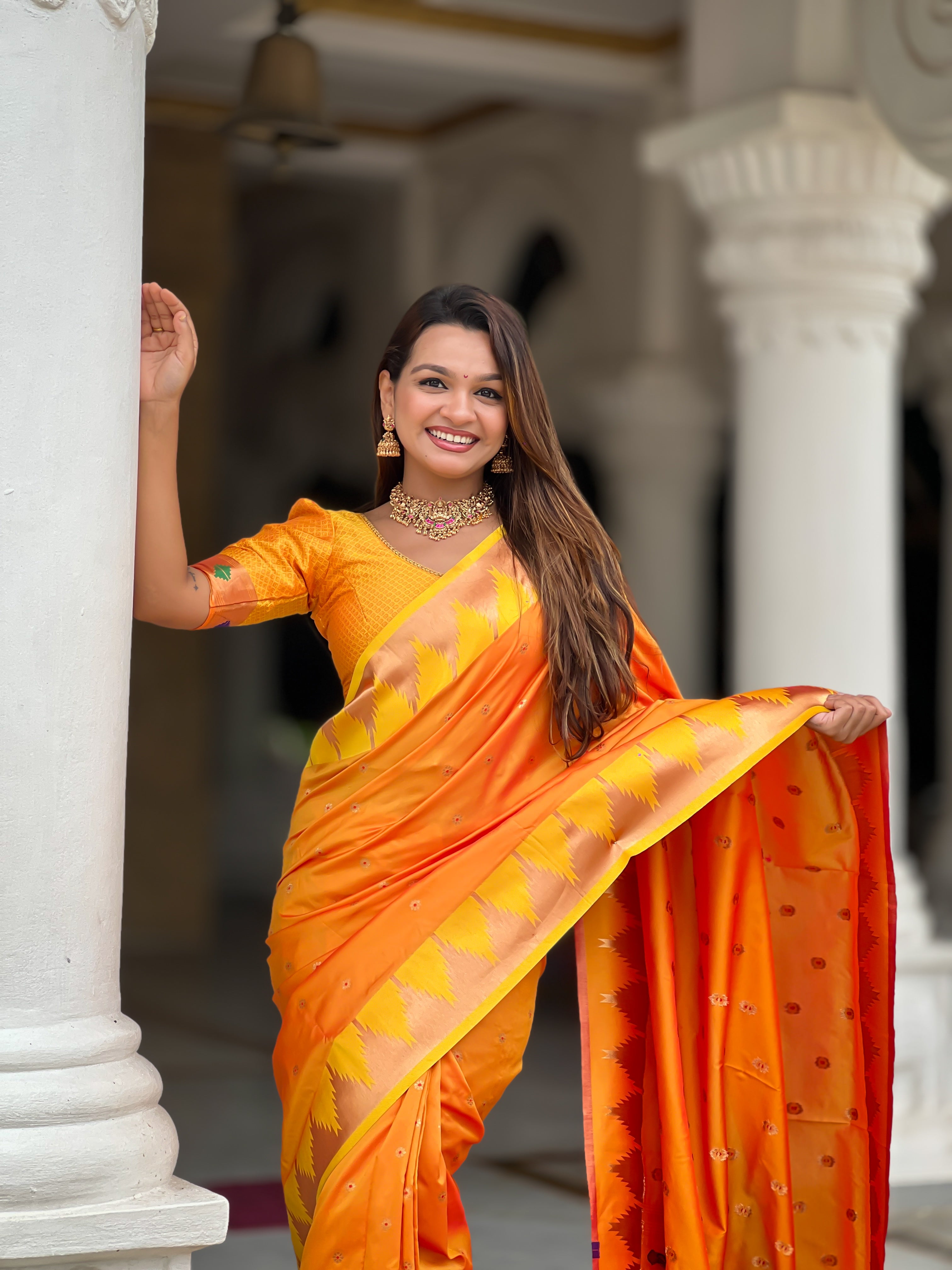 Orange Paithani Silk Saree with Meenakari Rich Pallu & Temple Weaving Border
