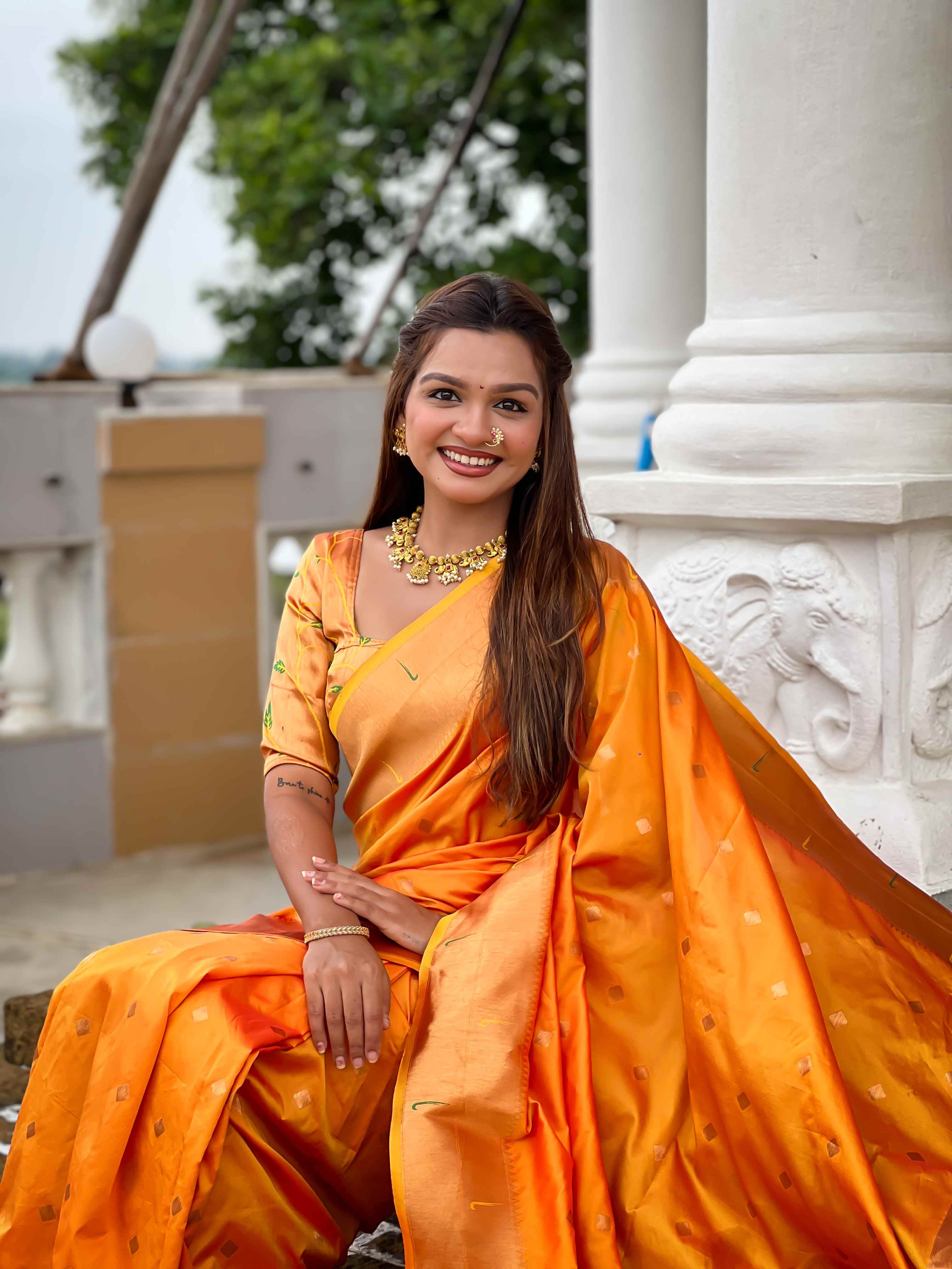 Orange Paithani Silk Saree with Zari Weaving, Meenakari Pallu & Double Munia Border